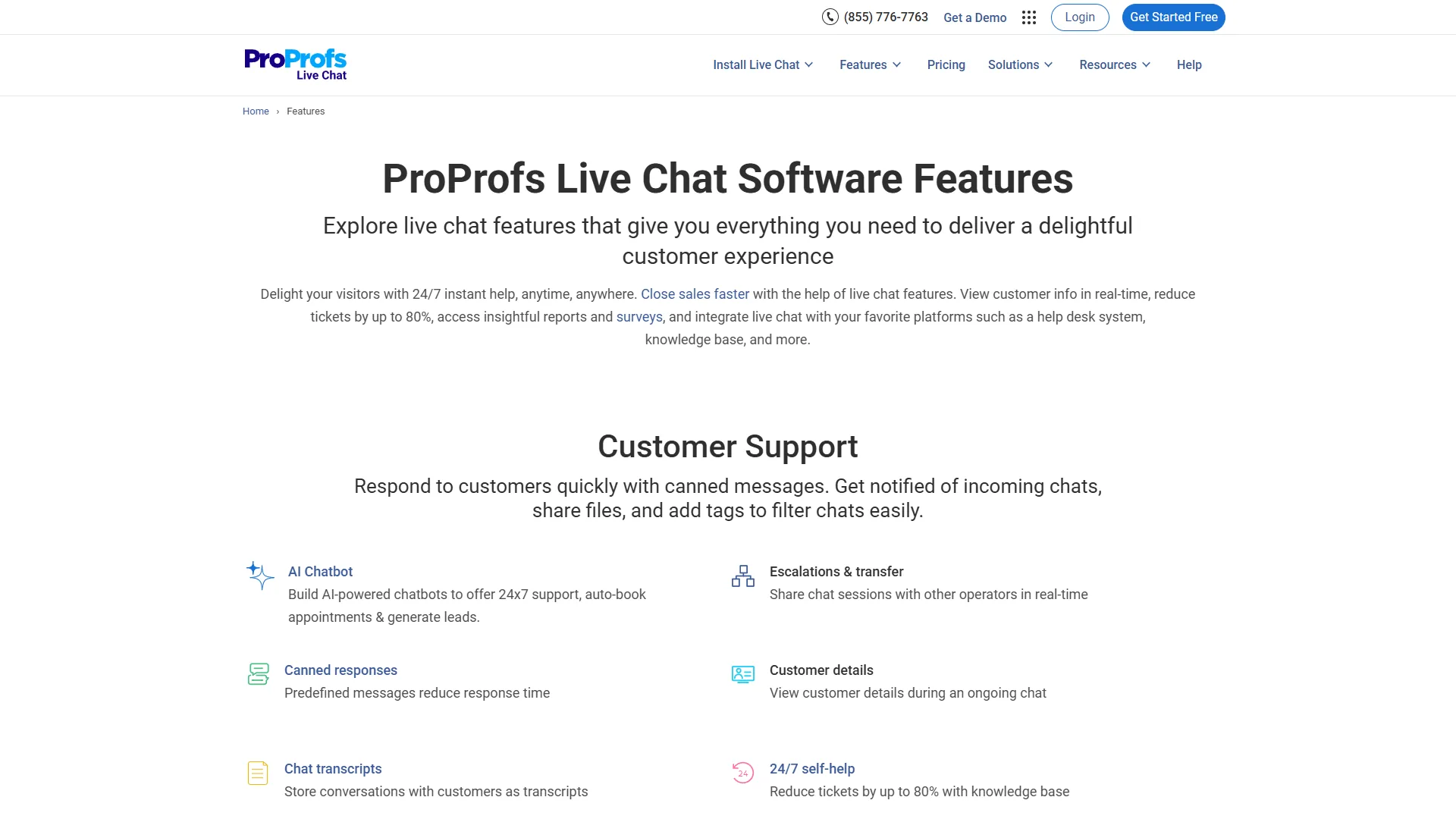 ProProfs Chat features dashboard showing chatbot analytics and routing options