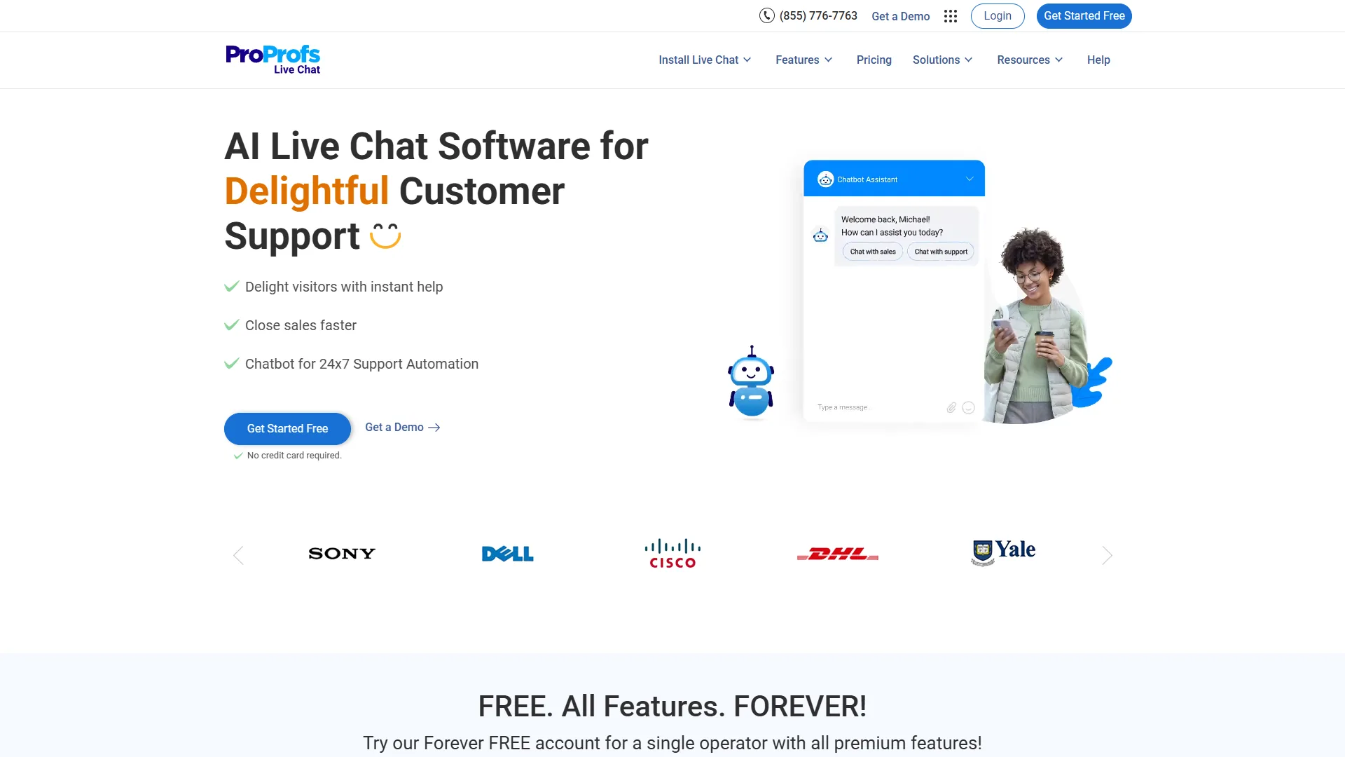 ProProfs Chat homepage showing AI-powered chatbot features