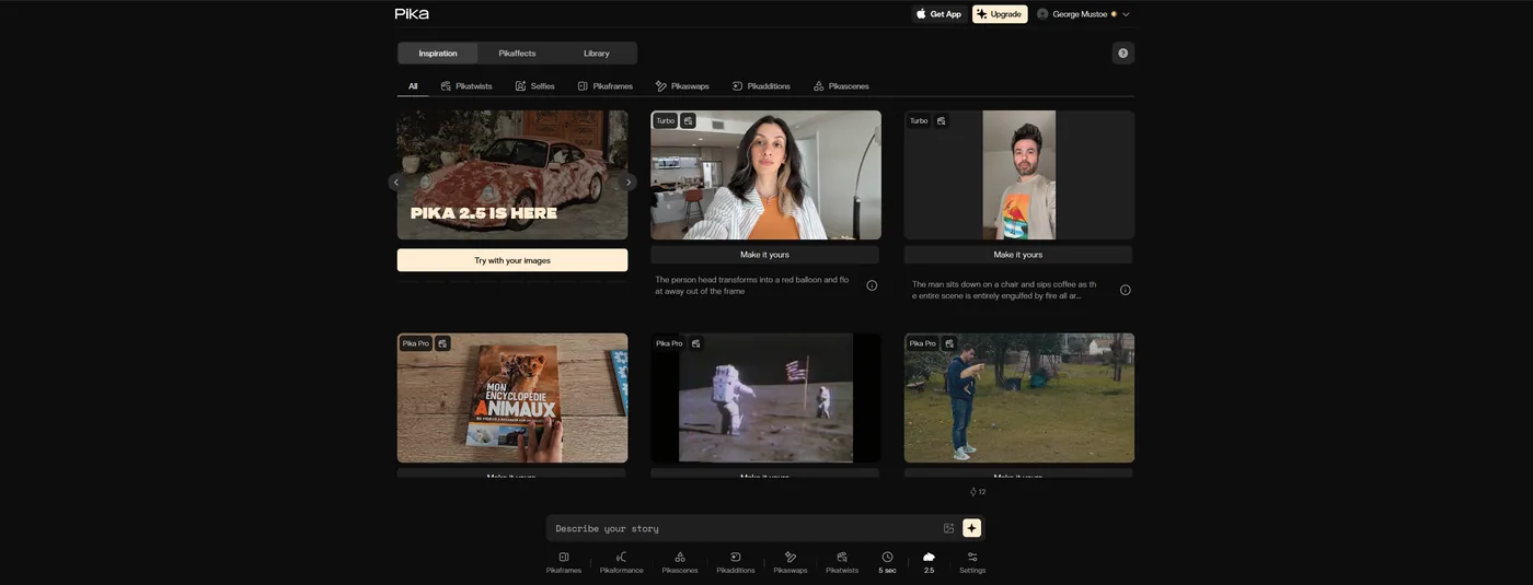 Pika Labs interface displaying Pikaffects options for creative video manipulation