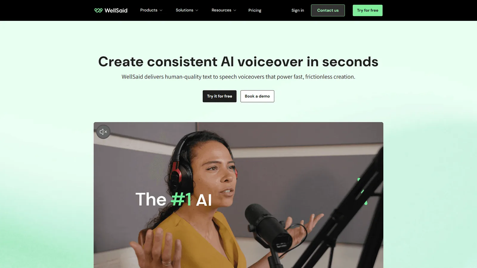 WellSaid Labs homepage showing AI voice platform features