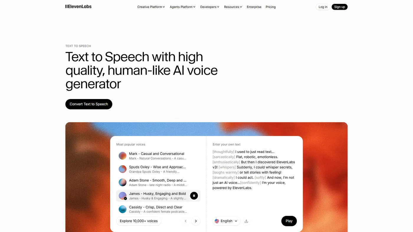 ElevenLabs voice generation interface showing text input with emotional tags