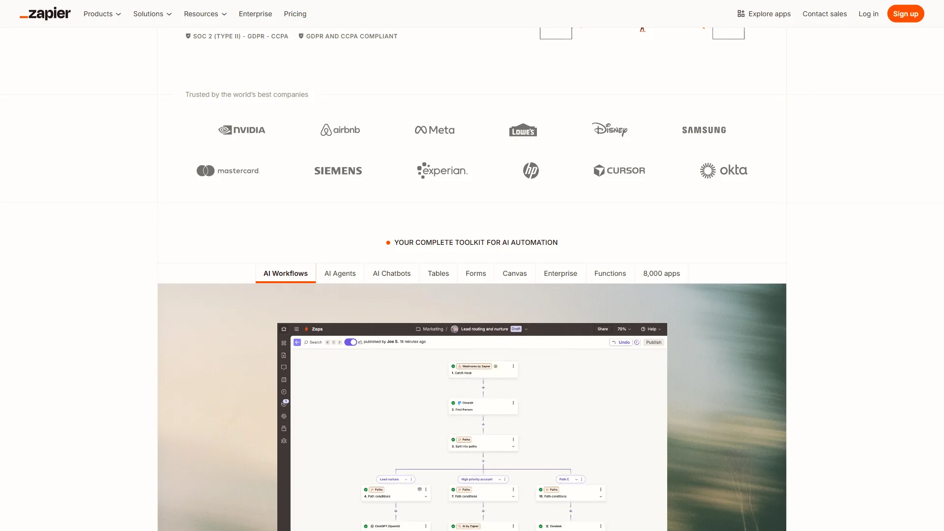 Zapier workflow builder showing a basic automation connecting a form submission to a CRM record creation