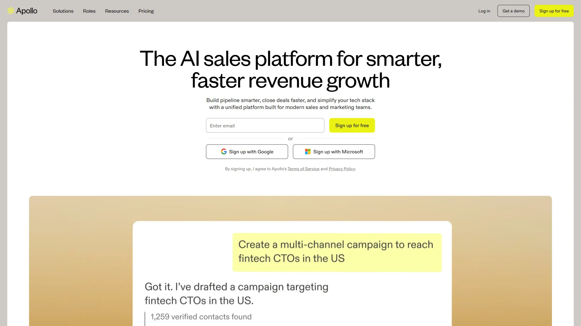 Apollo homepage showing The AI sales platform for smarter, faster revenue growth with multi-channel campaign creation demo