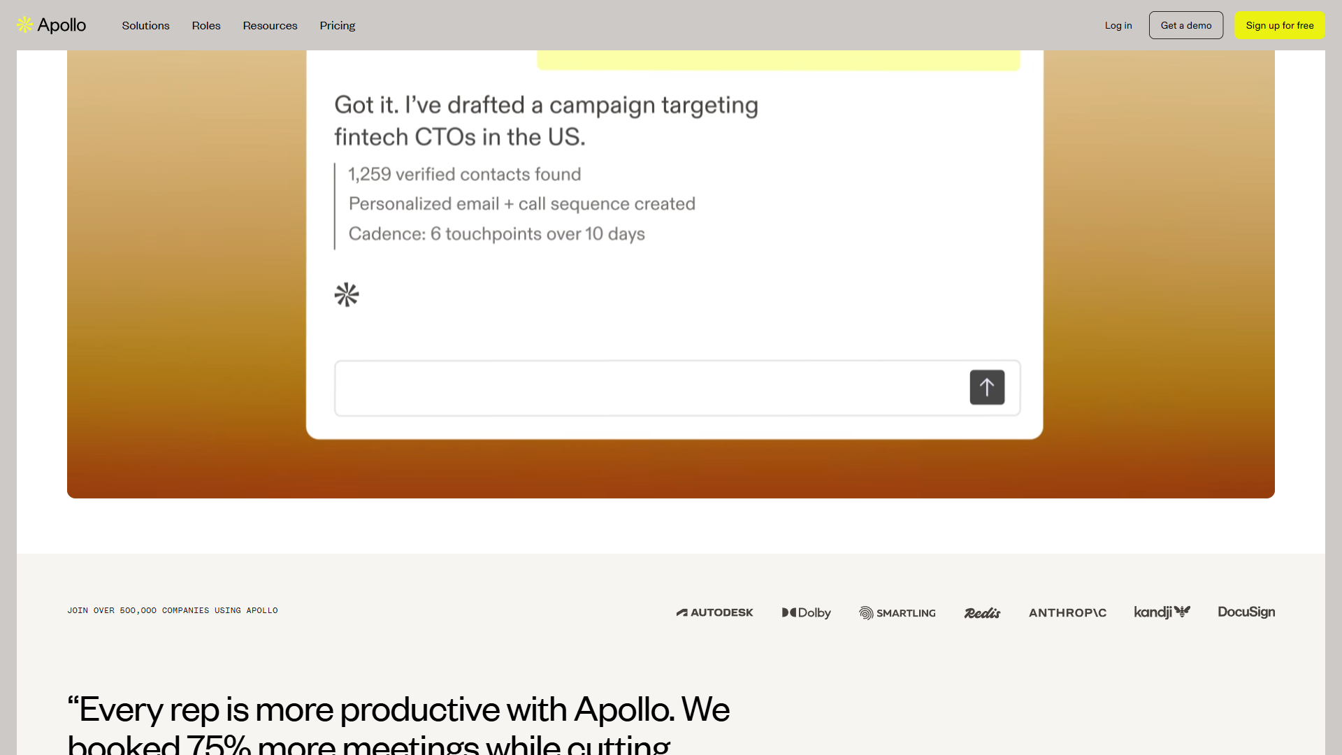 Apollo AI campaign creation showing 1,259 verified contacts, personalized email sequence, and 6 touchpoints over 10 days