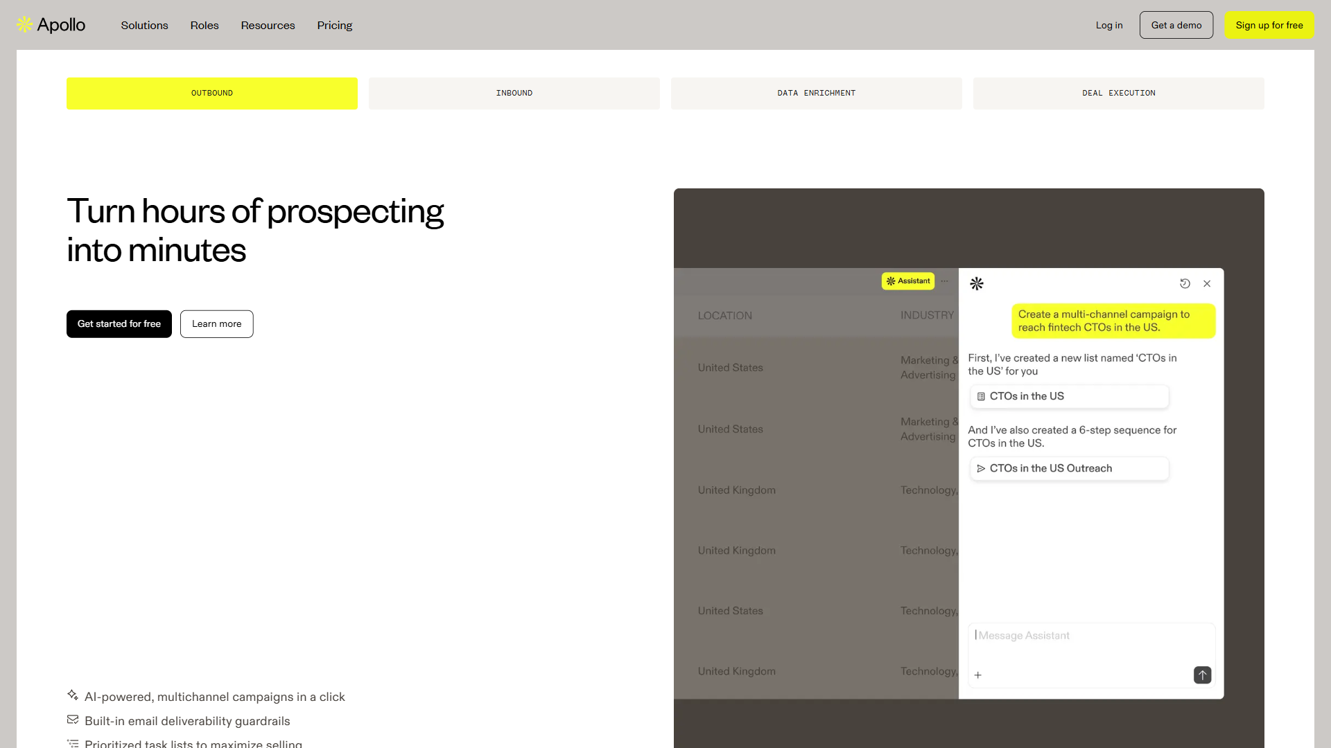Apollo outbound prospecting interface showing contact database with AI Assistant creating targeted sequences and campaign lists