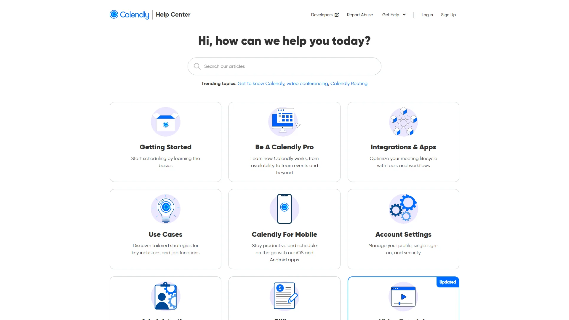 Calendly Help Center showing documentation and support resources