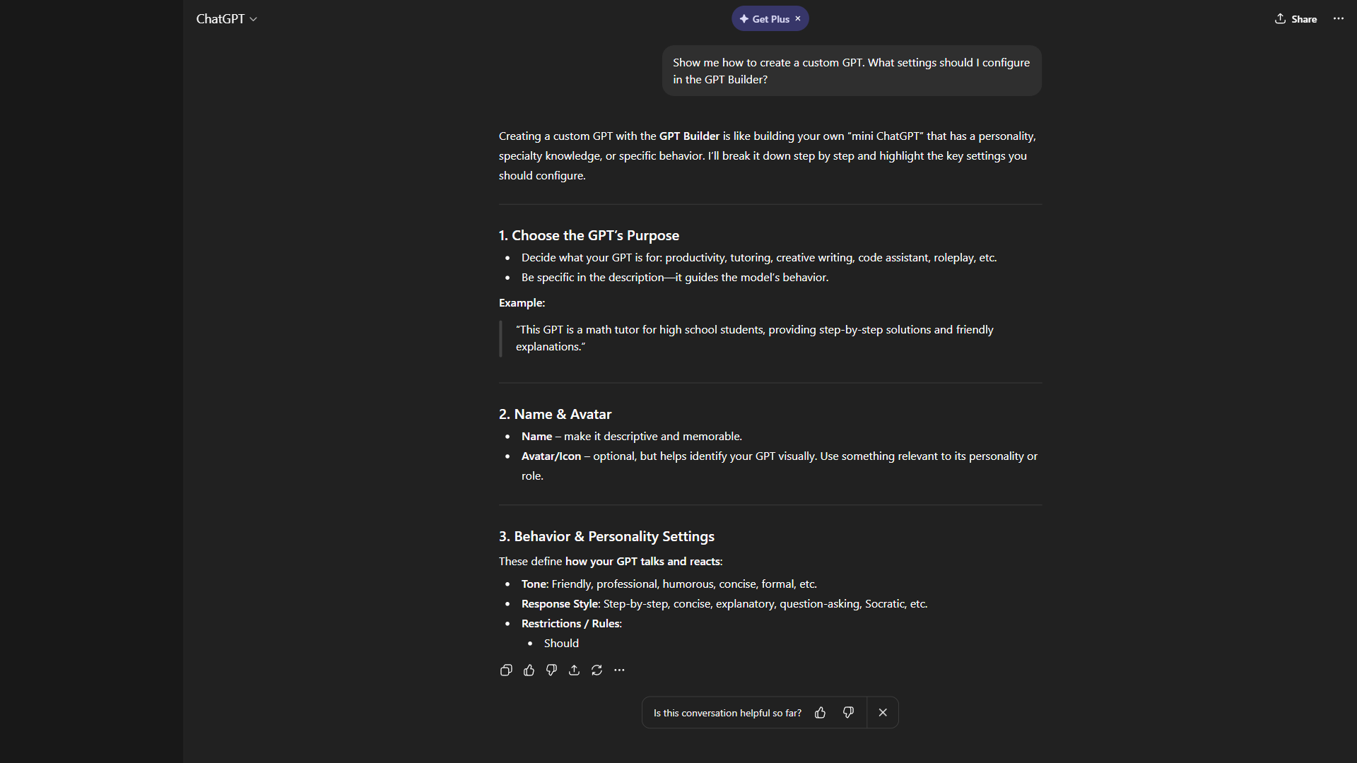 ChatGPT GPT builder interface showing the Configure tab with fields for name, description, instructions, and capabilities