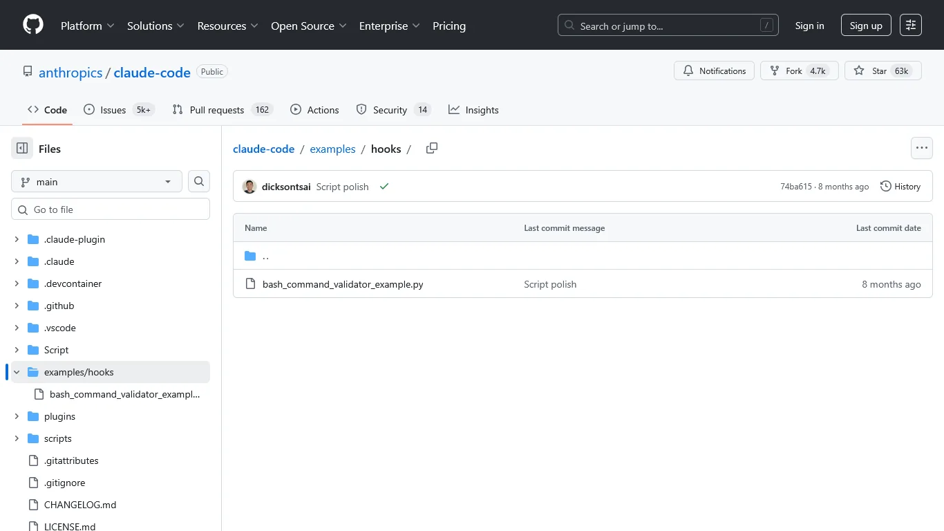 Claude Code examples/hooks folder on GitHub