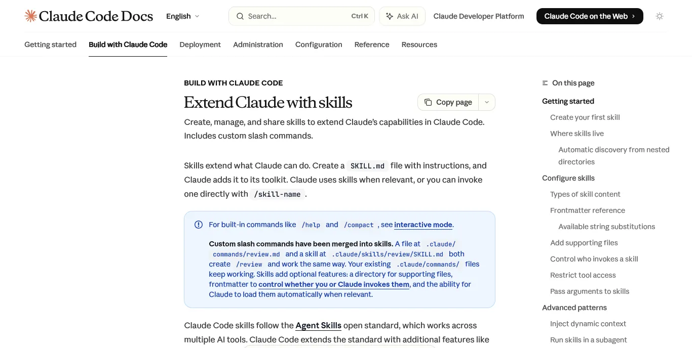 Claude Code documentation showing skills architecture