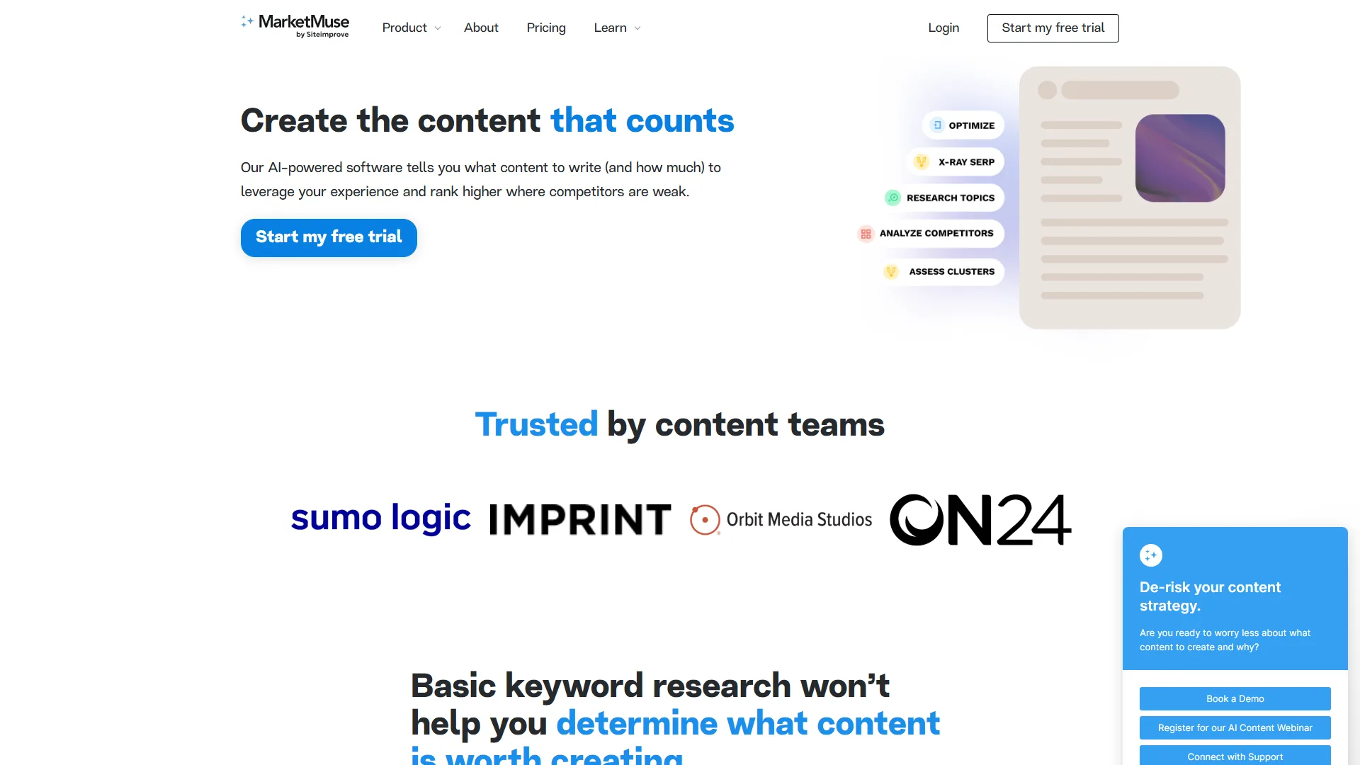 MarketMuse content optimization dashboard showing topic coverage analysis