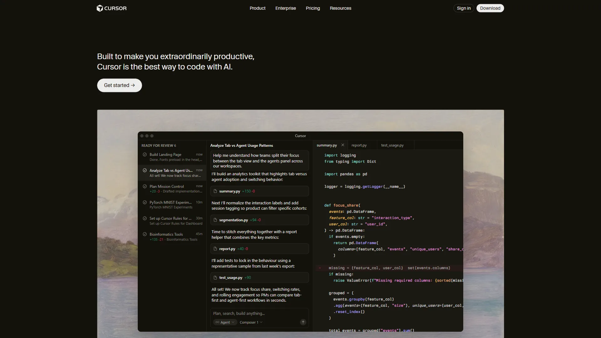 Cursor AI code editor homepage showing features and pricing tiers