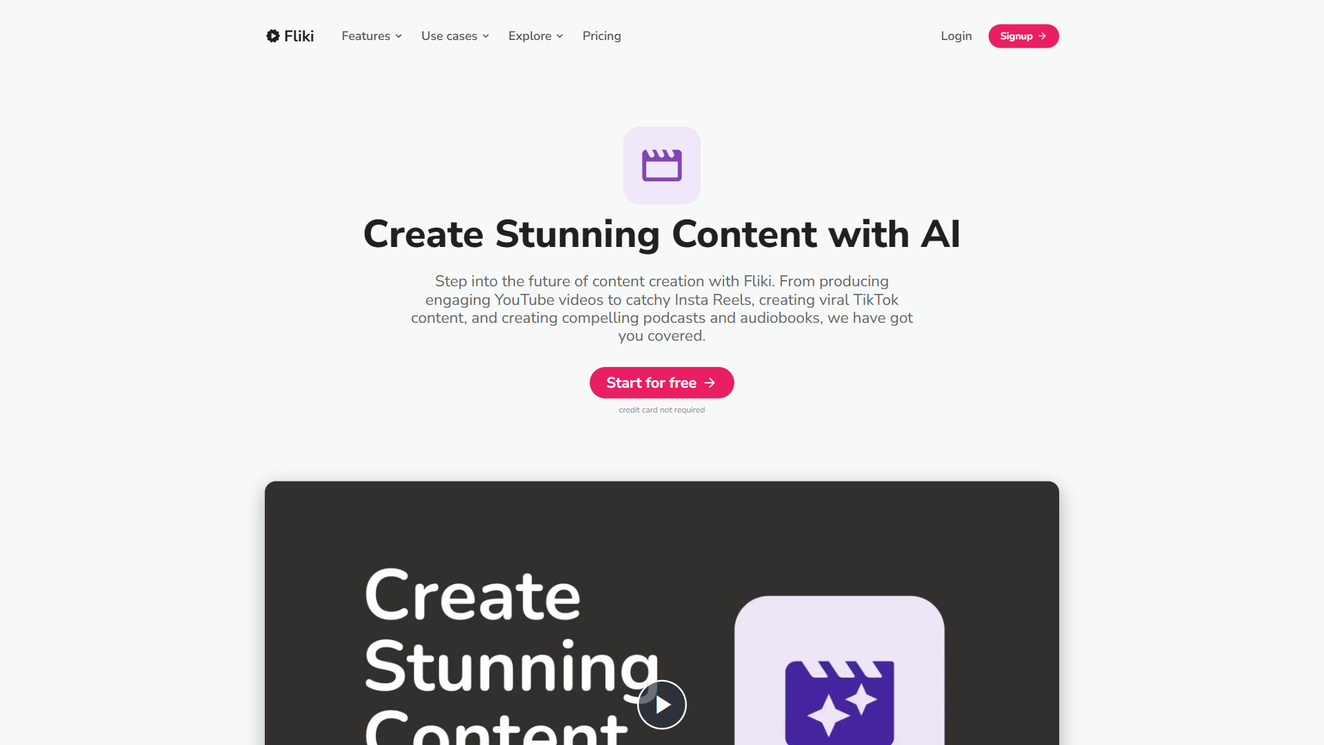 Fliki content creation use case page showing AI-powered video production for YouTube, Instagram Reels, TikTok, and podcasts