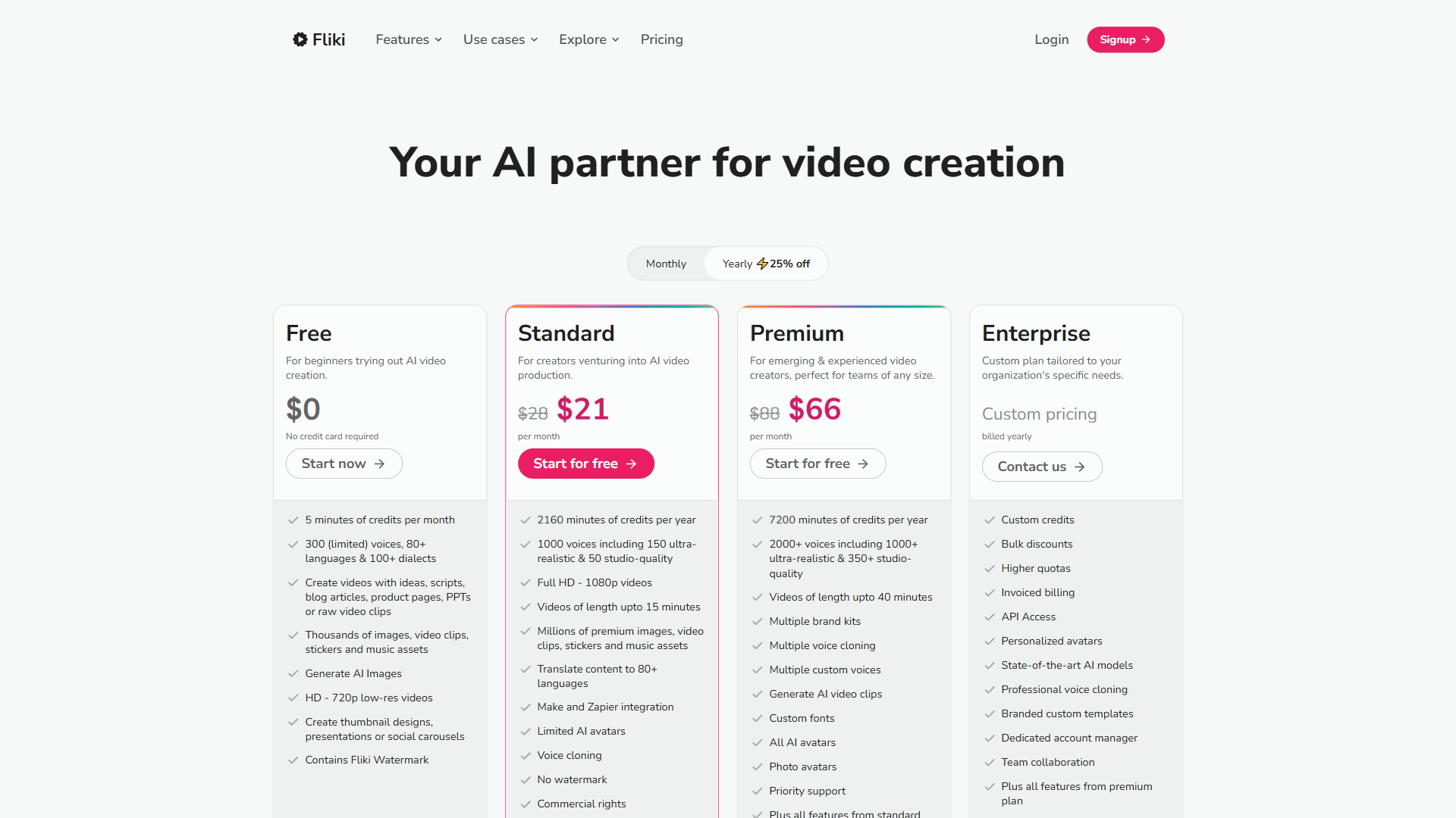Fliki pricing page showing Free, Standard at $21 per month, Premium at $66 per month, and Enterprise plans
