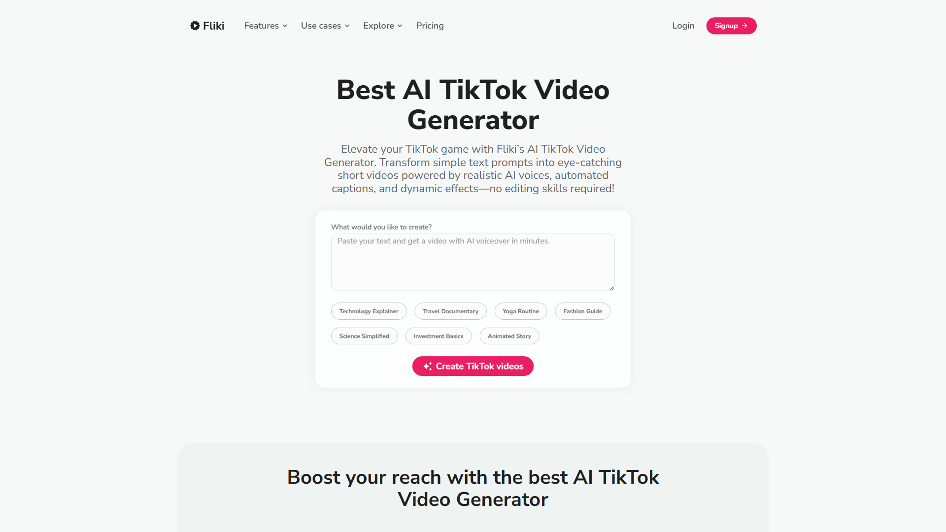 Fliki AI TikTok Video Generator showing text input field and content category templates like Technology Explainer and Travel Documentary