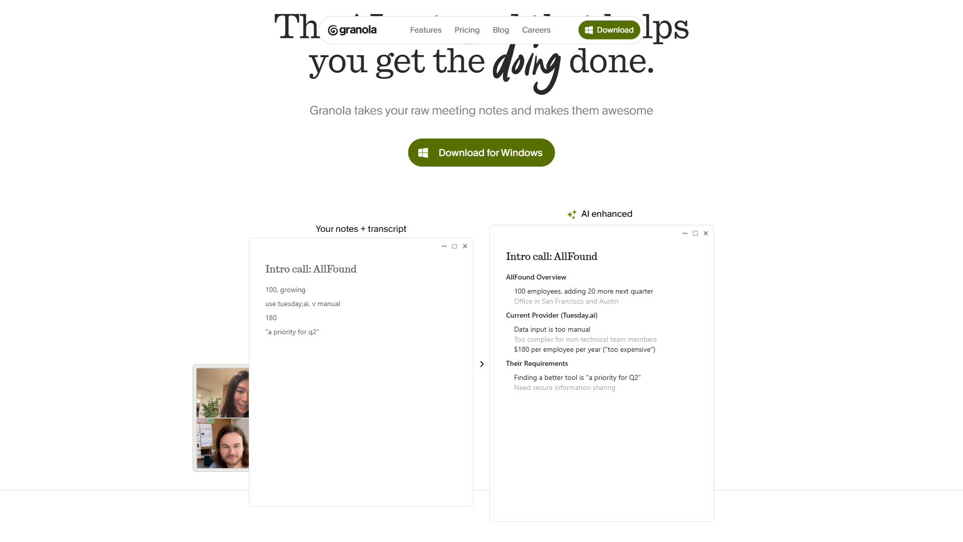 Granola homepage showing the AI notepad that transforms raw meeting notes into structured summaries