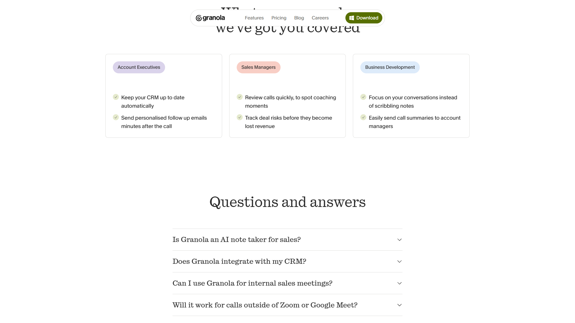 Granola sales use case page showing role-specific features for Account Executives, Sales Managers, and Business Development
