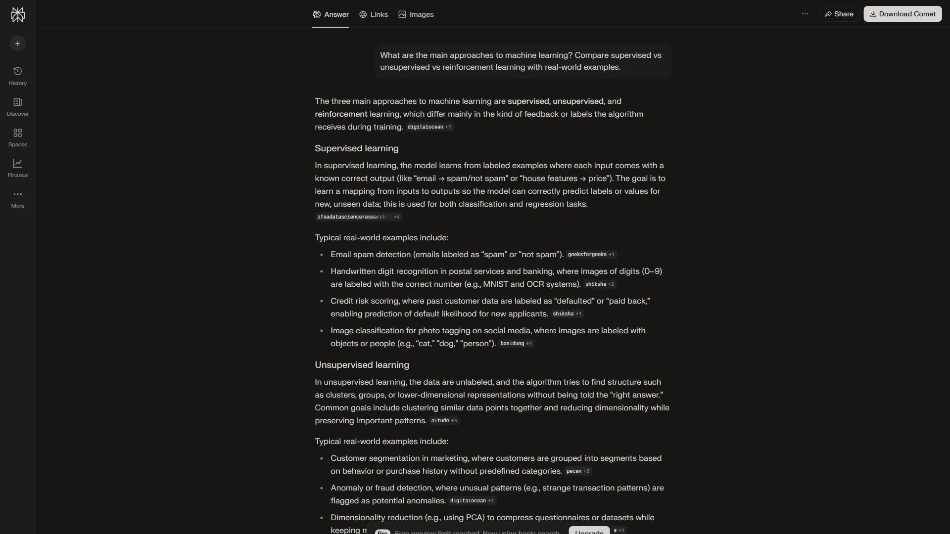 Perplexity AI homepage showing the search interface for cited research answers