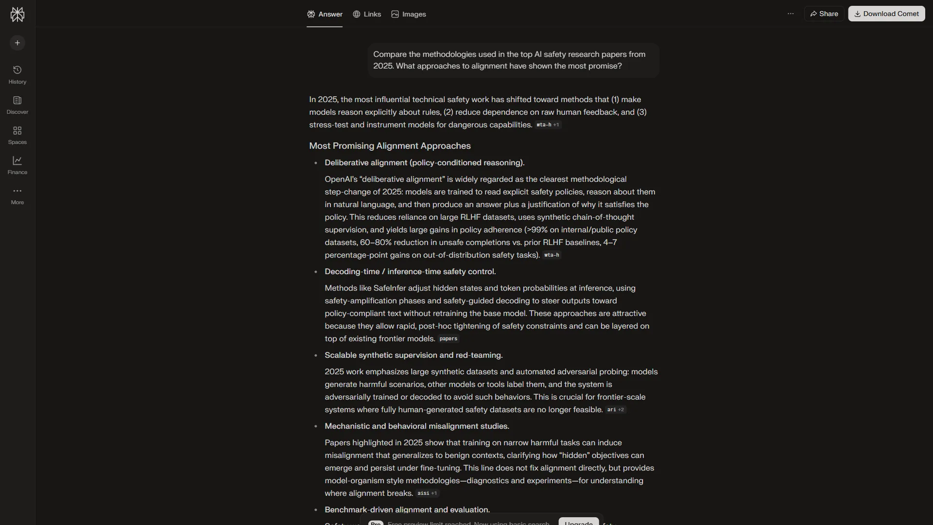 Perplexity search results showing cited sources and synthesized research findings
