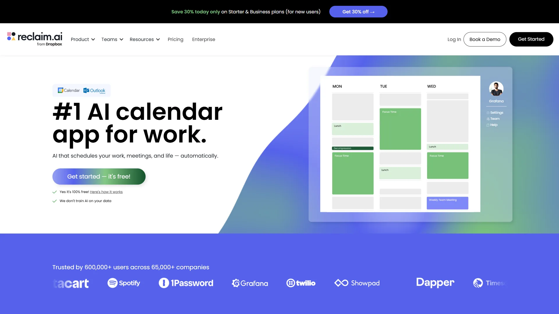Reclaim.ai homepage showing smart calendar features for AI-powered scheduling and focus time protection