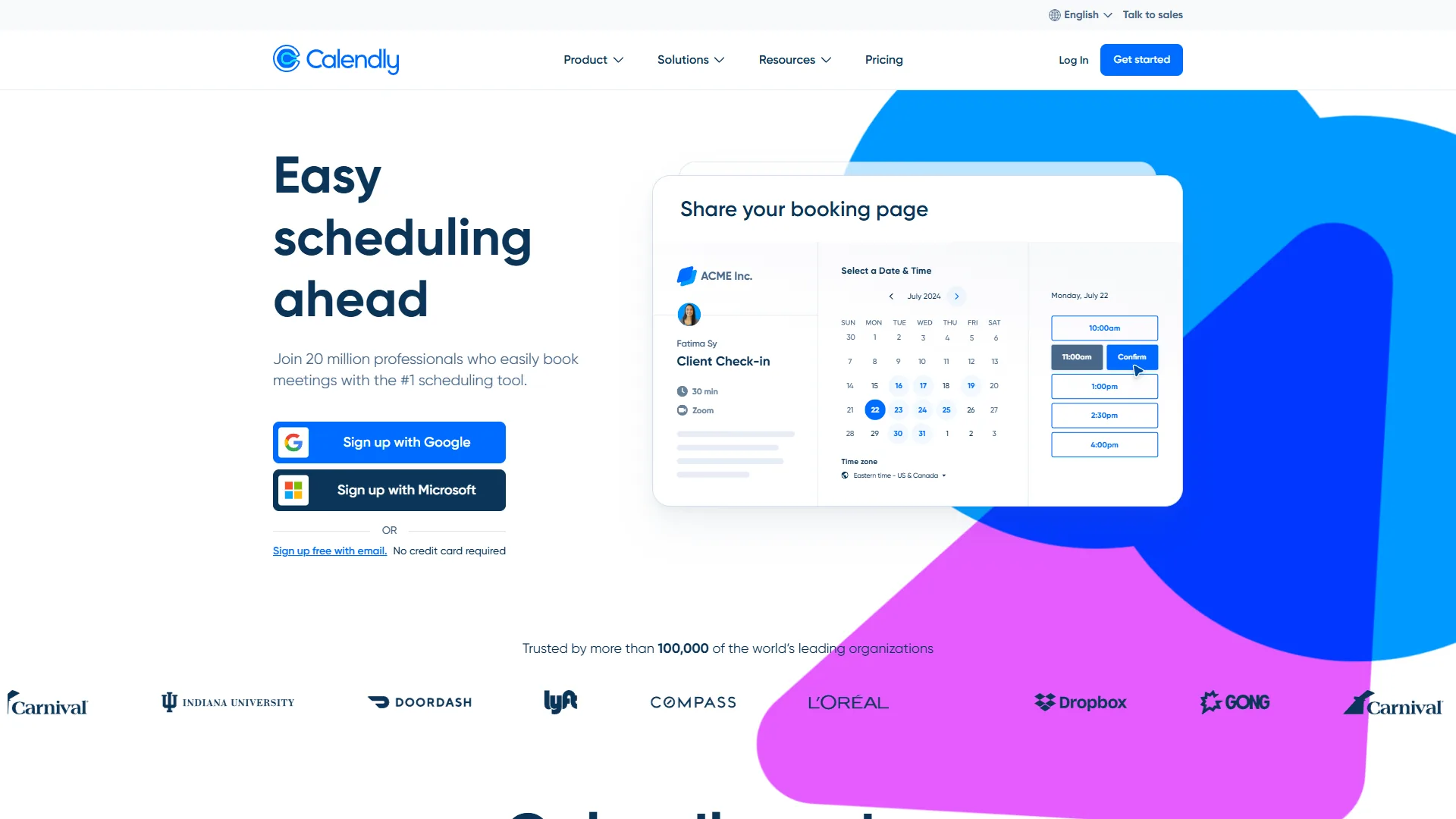 Calendly homepage showing scheduling automation for teams and individuals