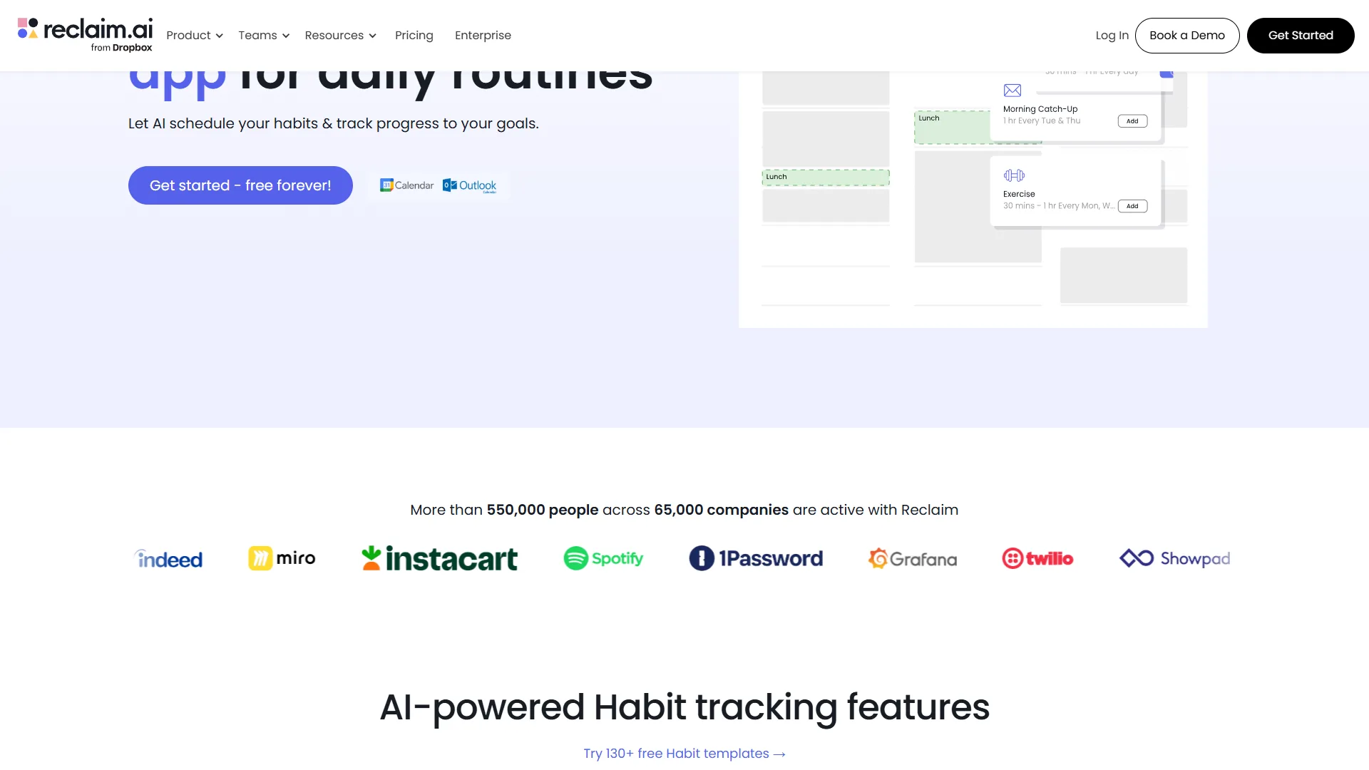 Reclaim.ai interface showing habit scheduling and focus time protection features in action