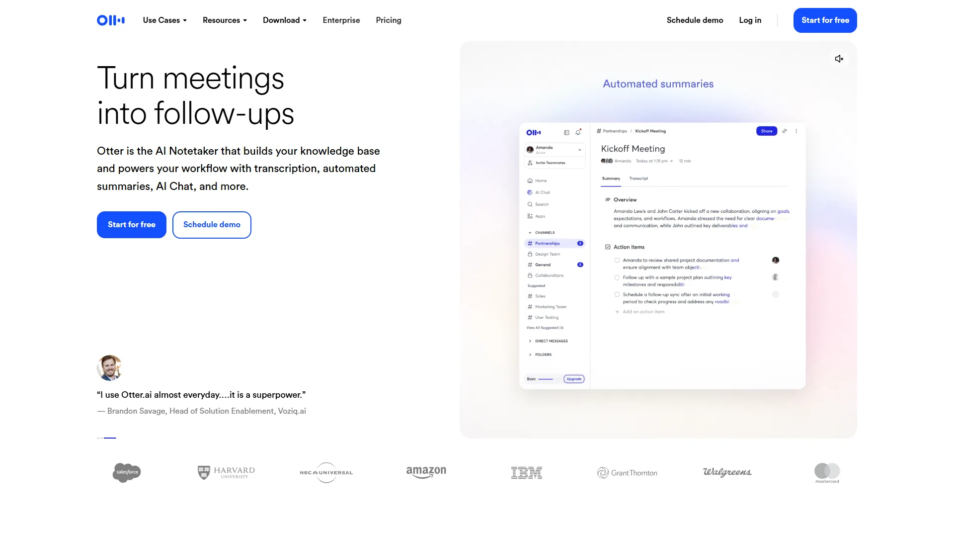 Otter.ai homepage showing AI meeting assistant with real-time transcription and automated notes