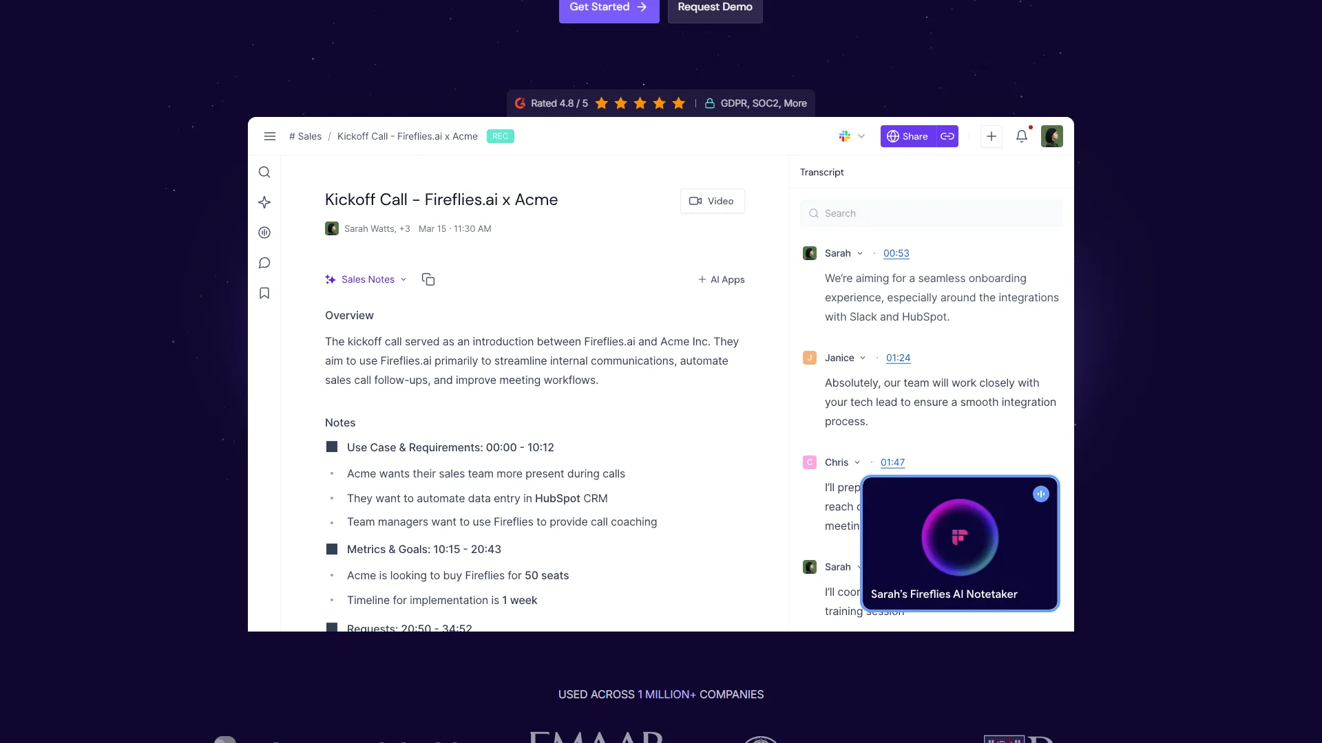 Fireflies.ai features page showing AI-powered conversation intelligence and topic tracking