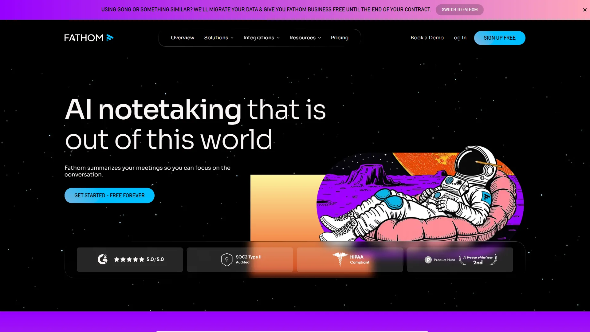 Fathom homepage showing free AI meeting assistant with unlimited recording and instant summaries