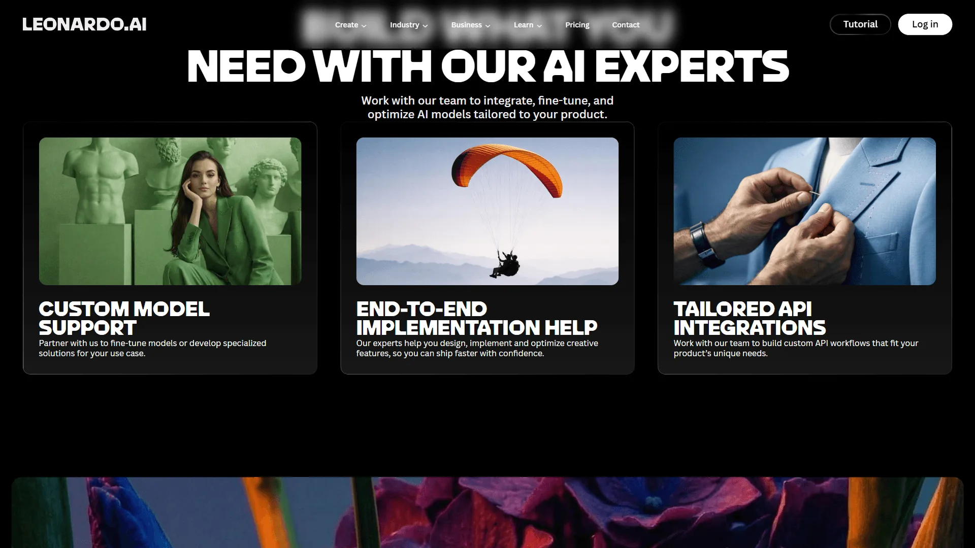 Leonardo AI expert services showing custom model support, end-to-end implementation help, and tailored API integrations with generated image examples