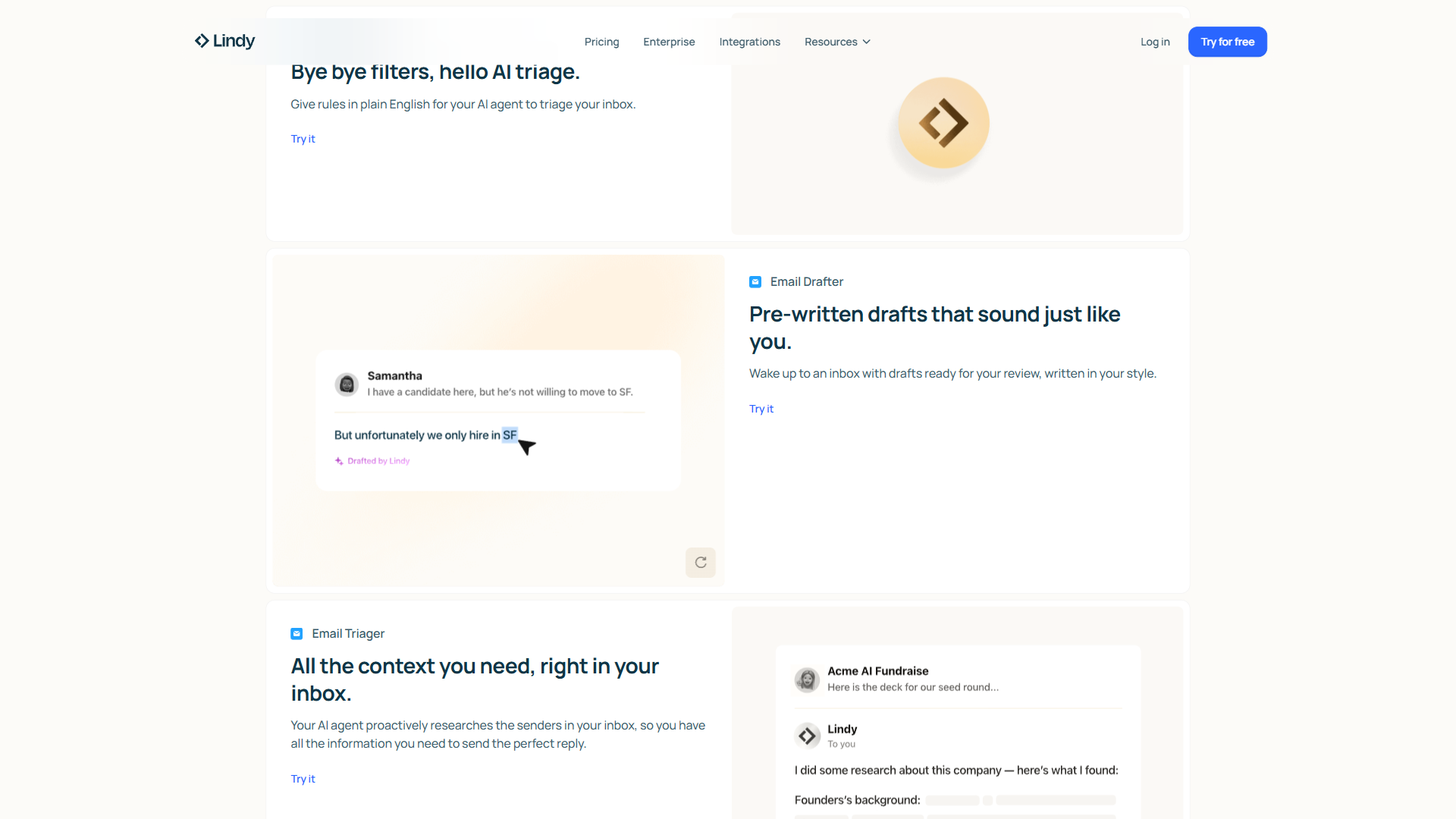 Lindy AI email automation features showing AI triage with plain English rules, Email Drafter for pre-written responses, and Email Triager with sender research capabilities