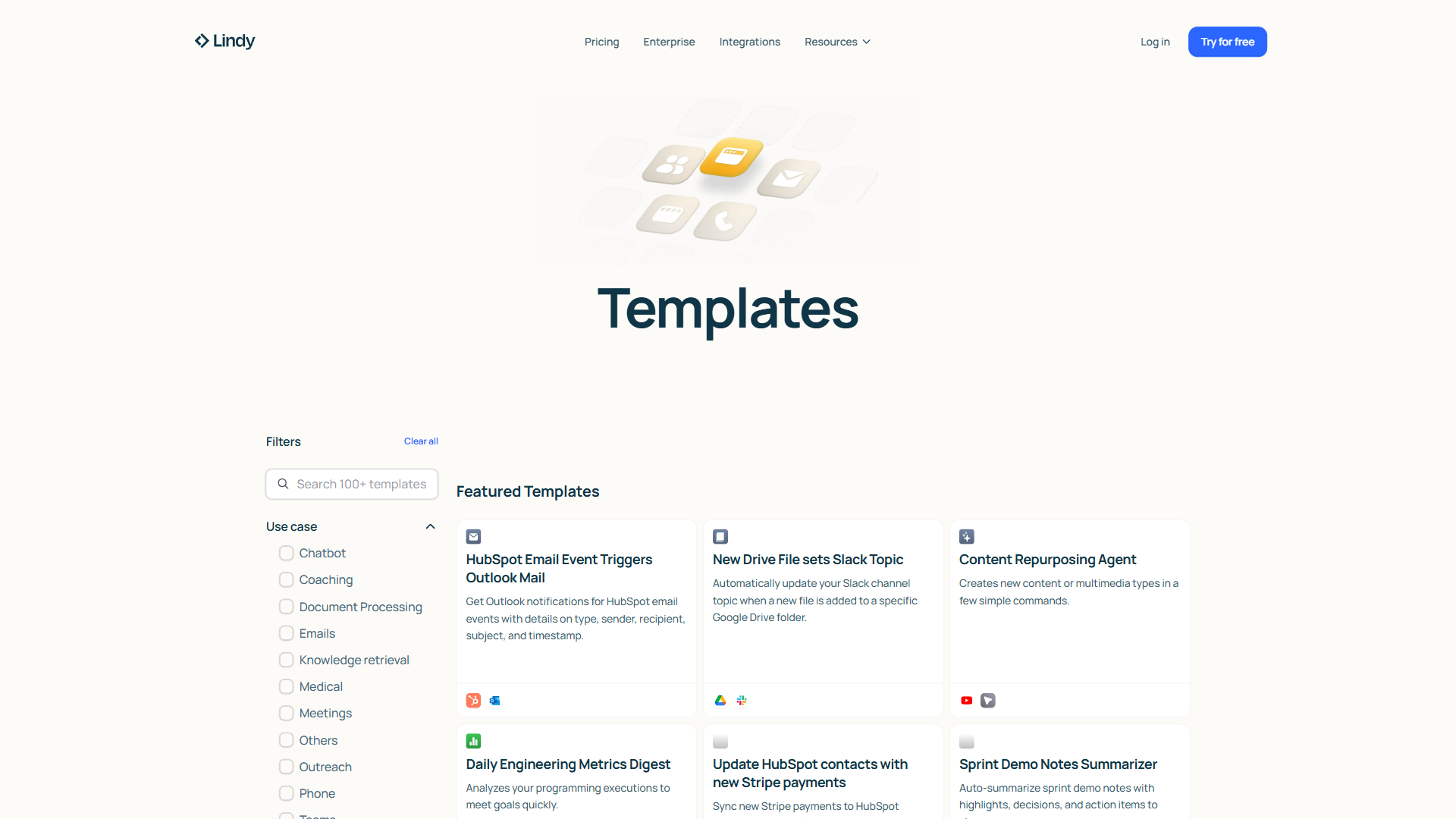 Lindy AI templates page with searchable library of 100+ pre-built agent templates filtered by use case including Chatbot, Emails, Meetings, and Outreach categories