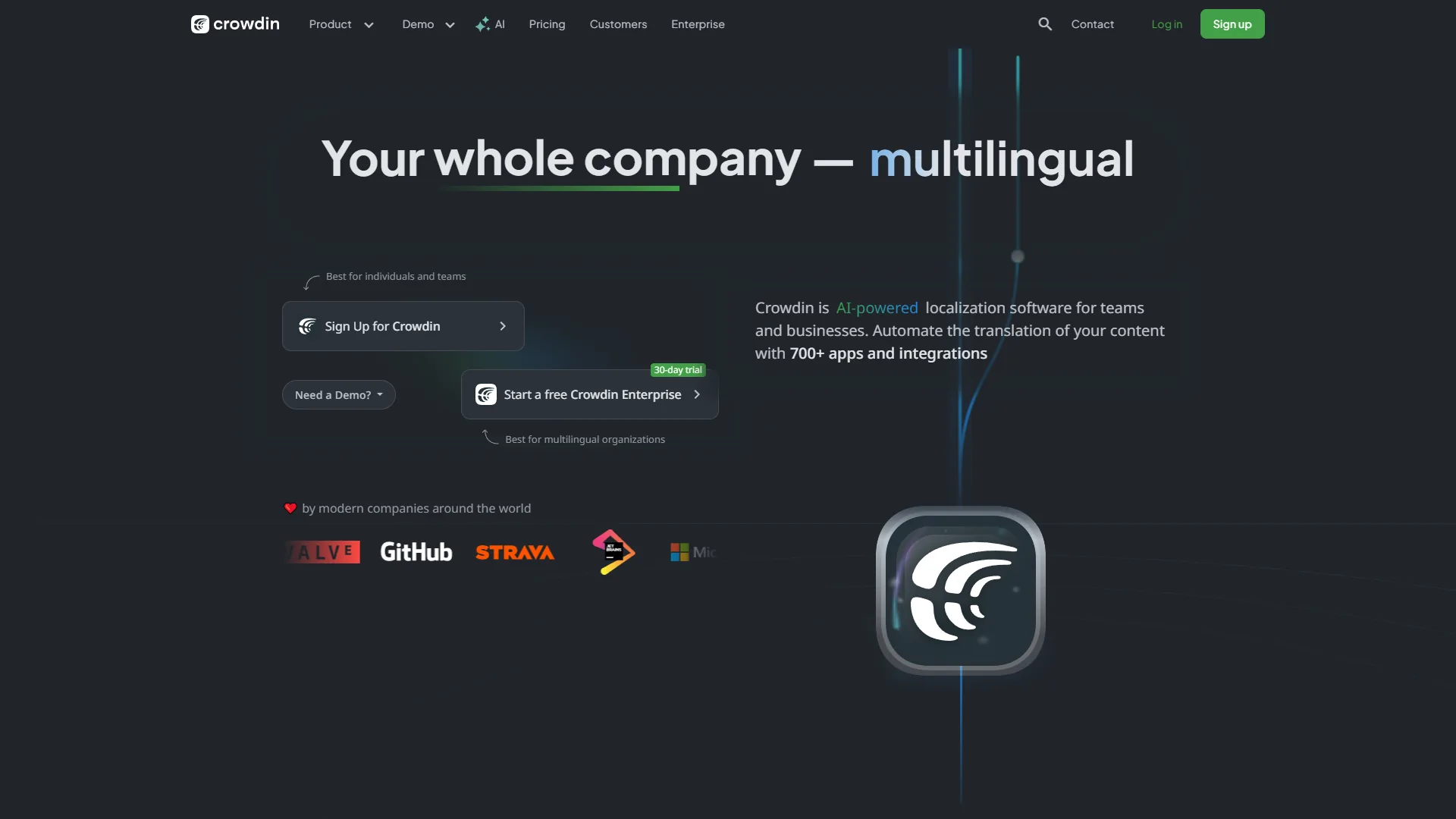 Crowdin translation management platform dashboard showing project overview and integration options