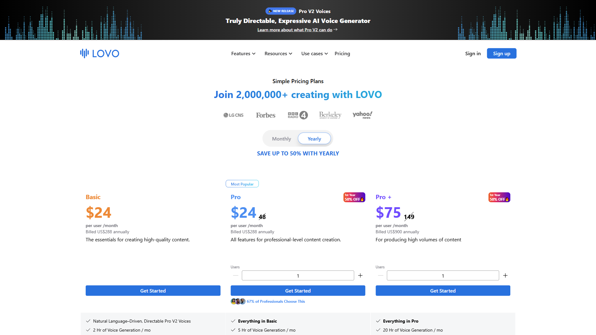 LOVO AI pricing page showing Basic, Pro, and Pro+ plan tiers with feature lists and pricing