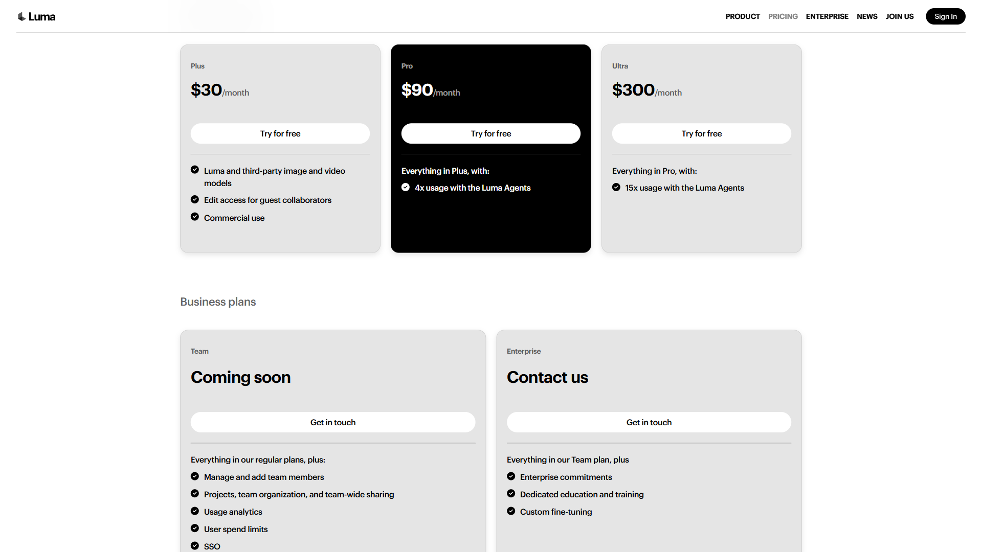 Luma pricing showing Plus, Pro, and Ultra individual plans plus Team and Enterprise business tiers