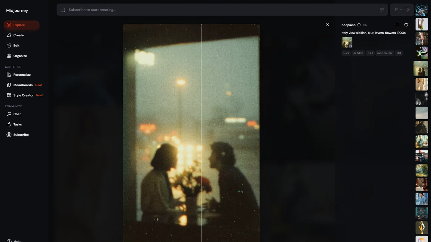 Midjourney web interface showing the explore page with AI-generated images and prompt details