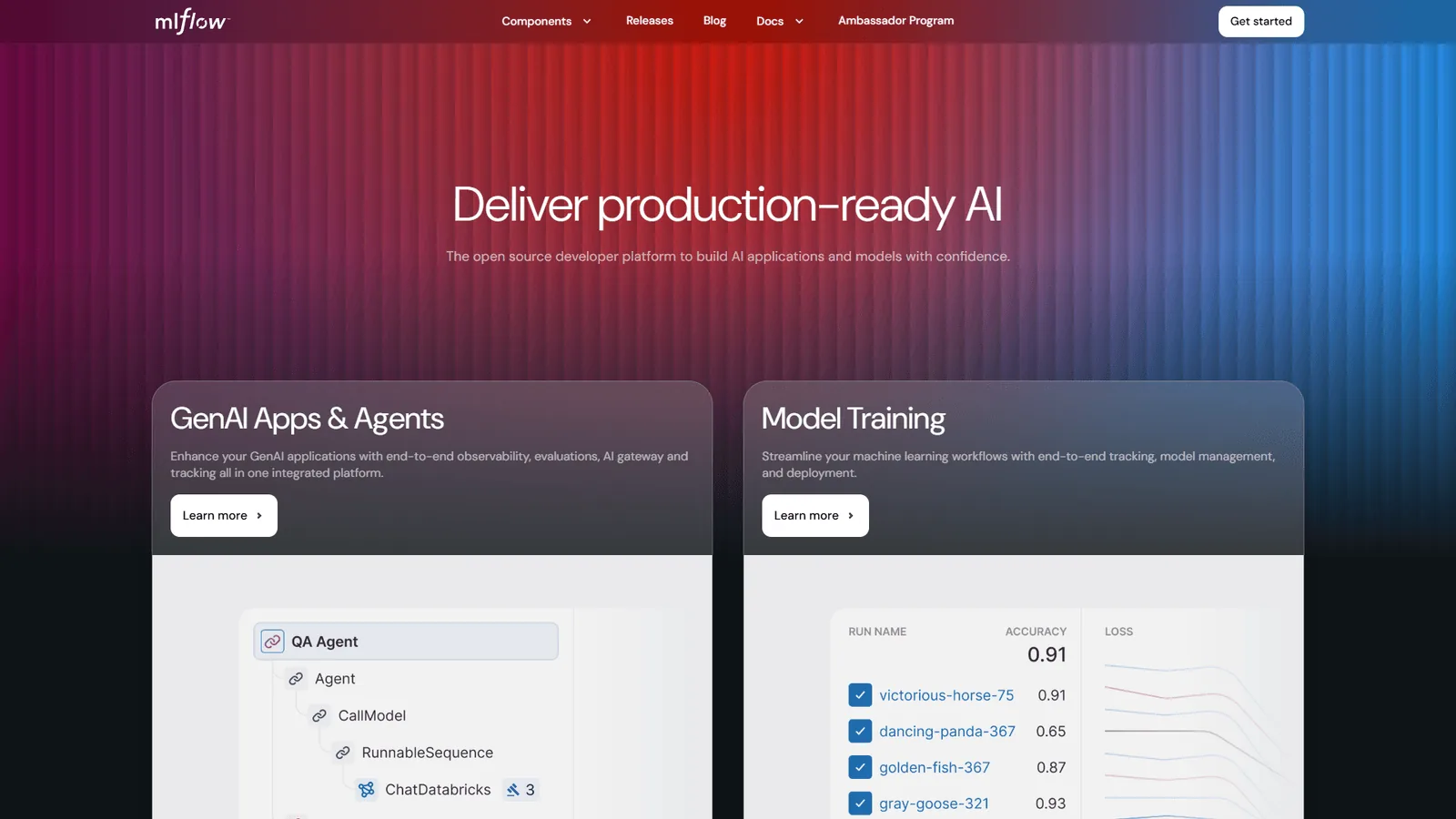 MLflow homepage showing experiment tracking and model registry features