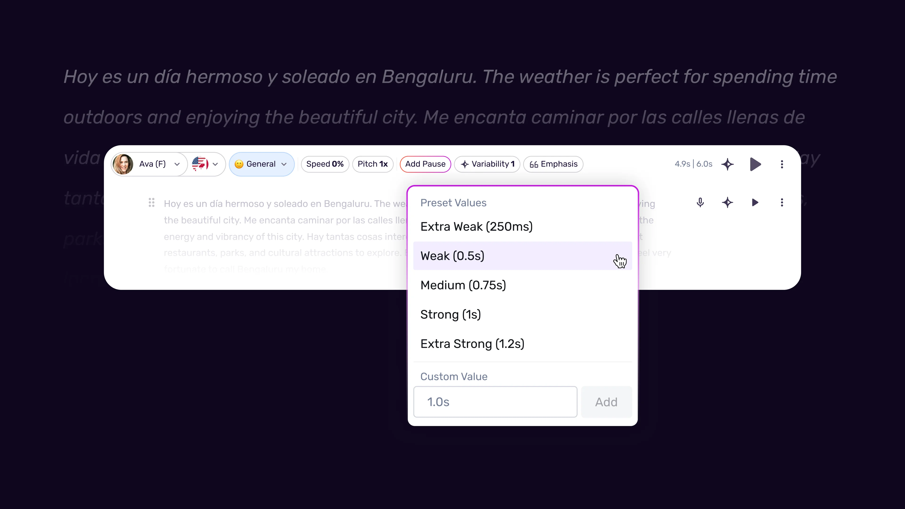Adding strategic pauses in Murf AI for e-learning pacing