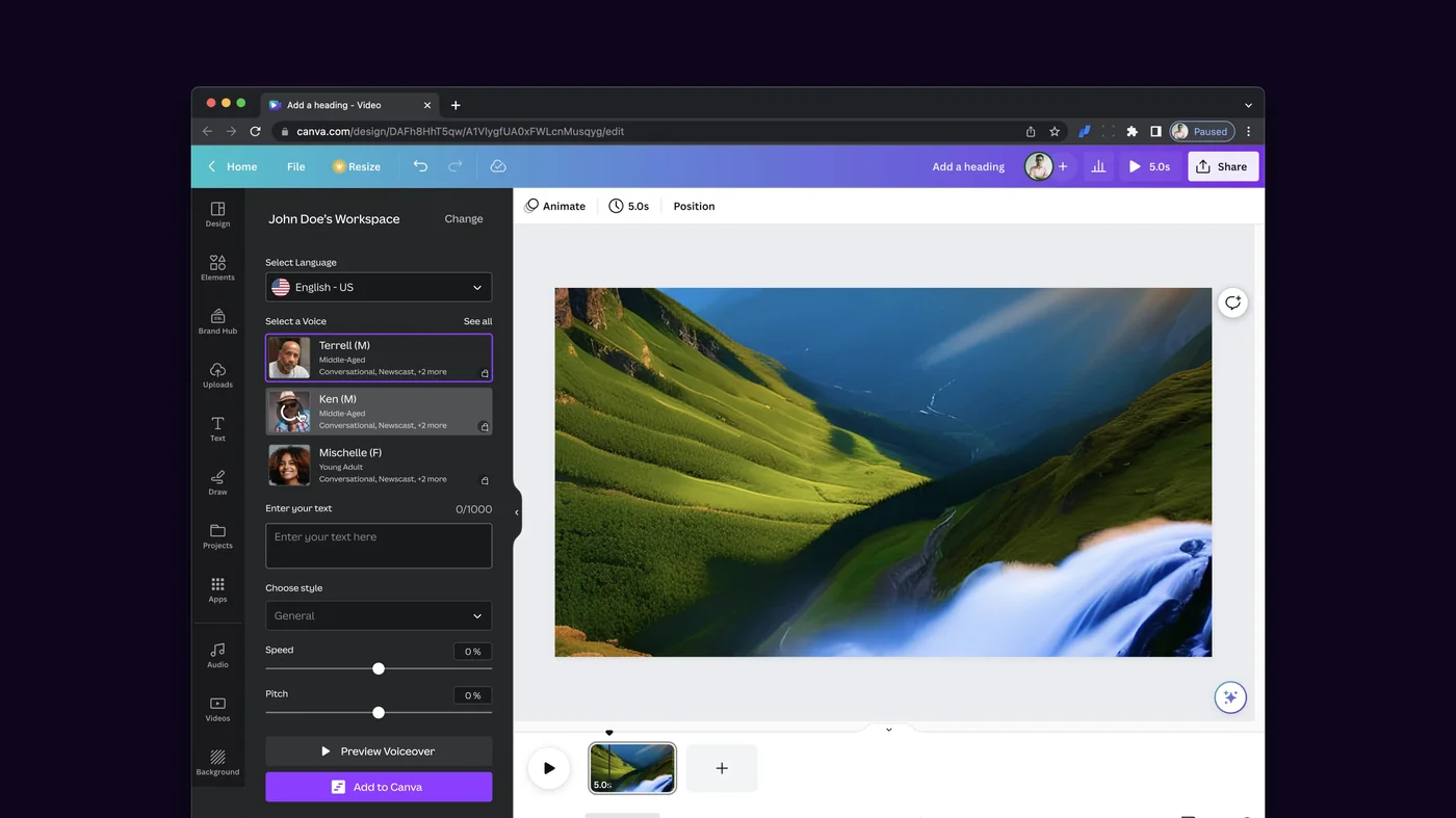 Murf AI Canva integration showing voiceover added to a Canva presentation
