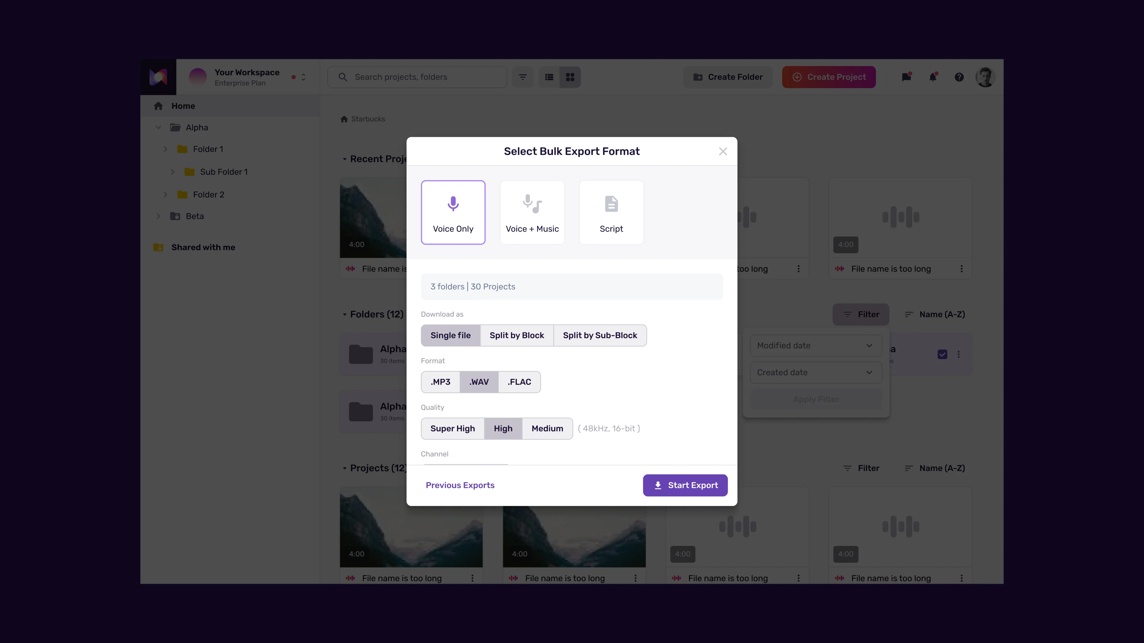 Murf AI export settings panel showing format and quality options