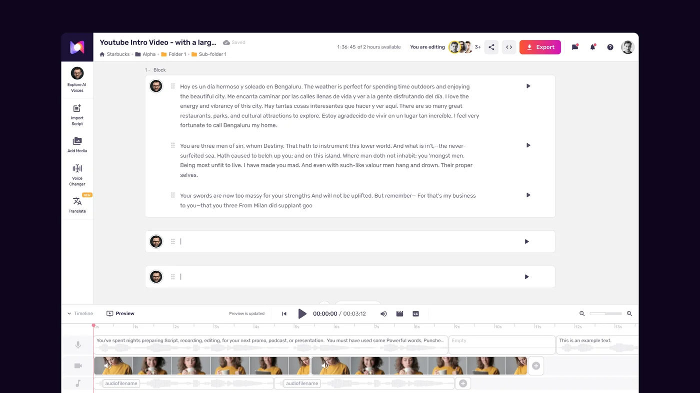 Murf Studio workspace showing project organization for batch audio export