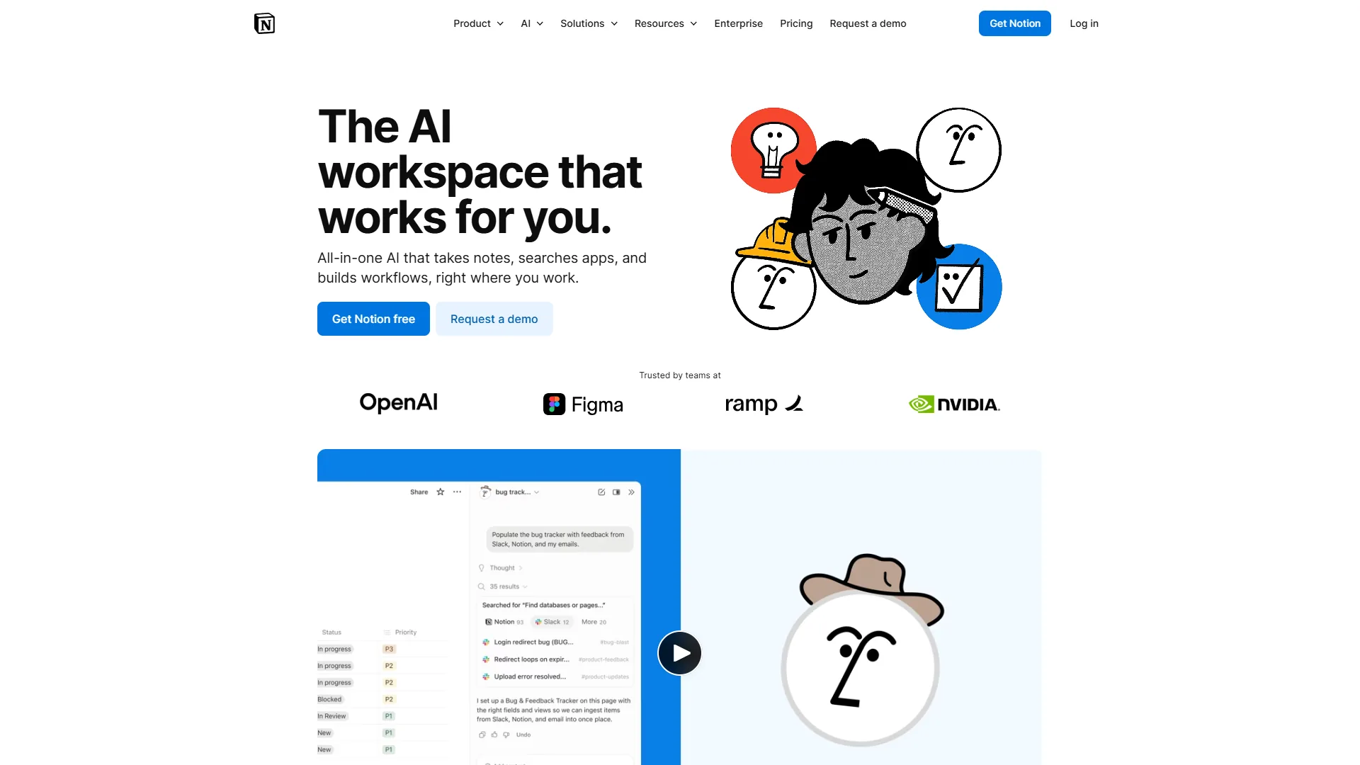 Notion AI product page showing AI-powered workspace features and capabilities