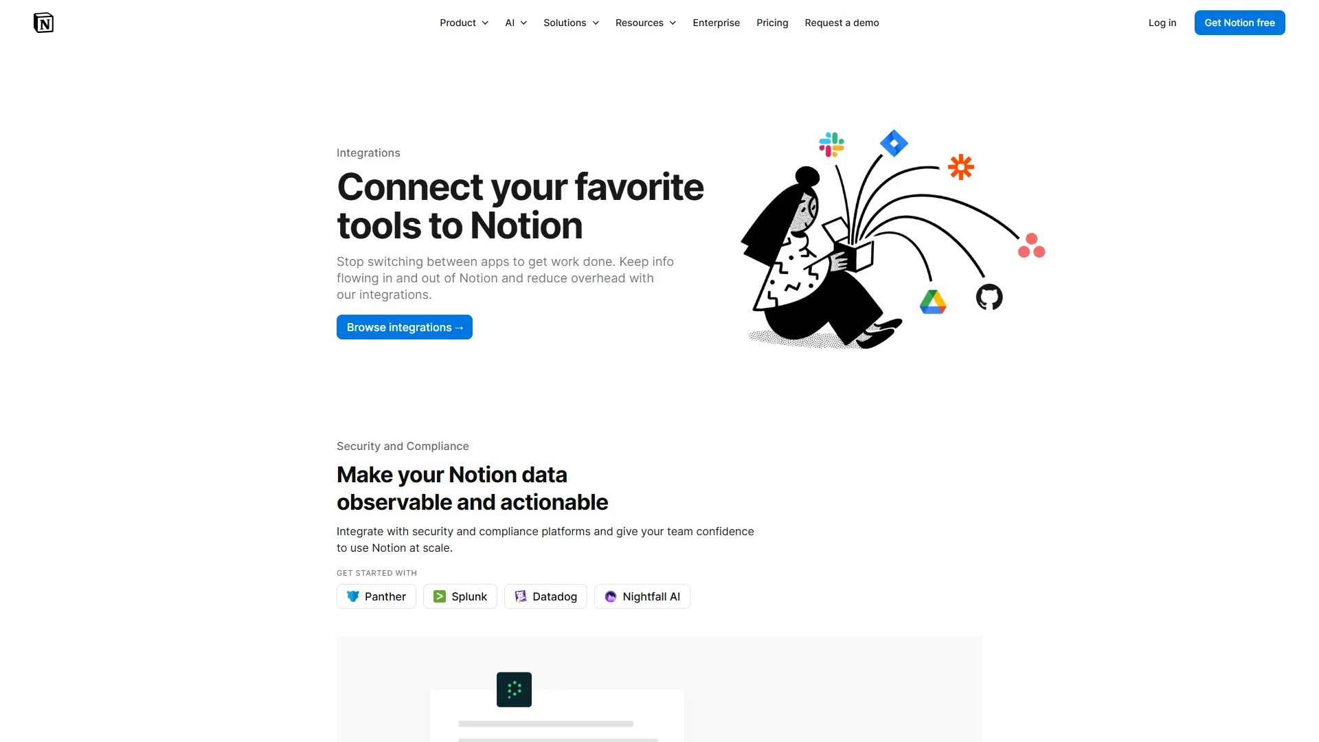 Notion integrations page showing connected tools and workspace automation options