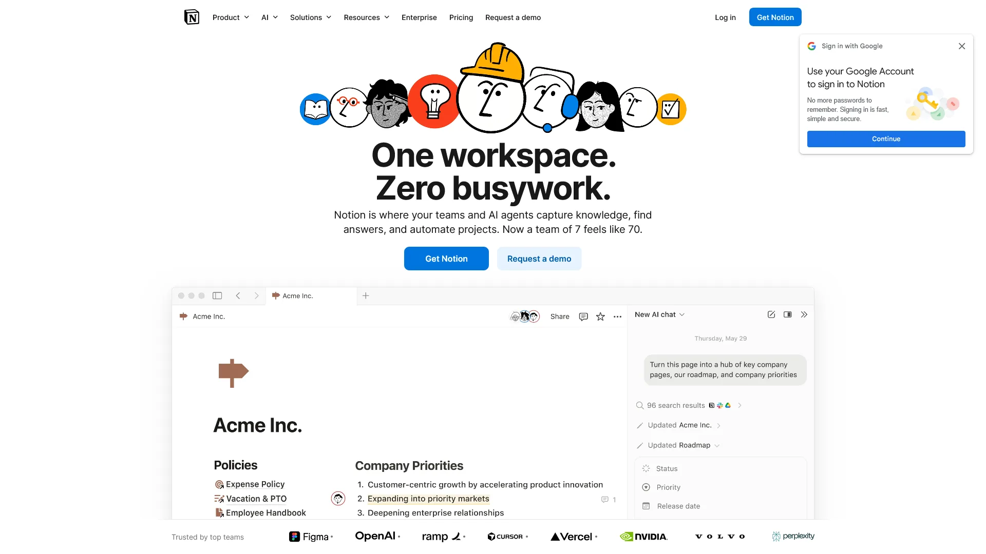 Notion homepage showing all-in-one workspace with databases, wikis, and AI features
