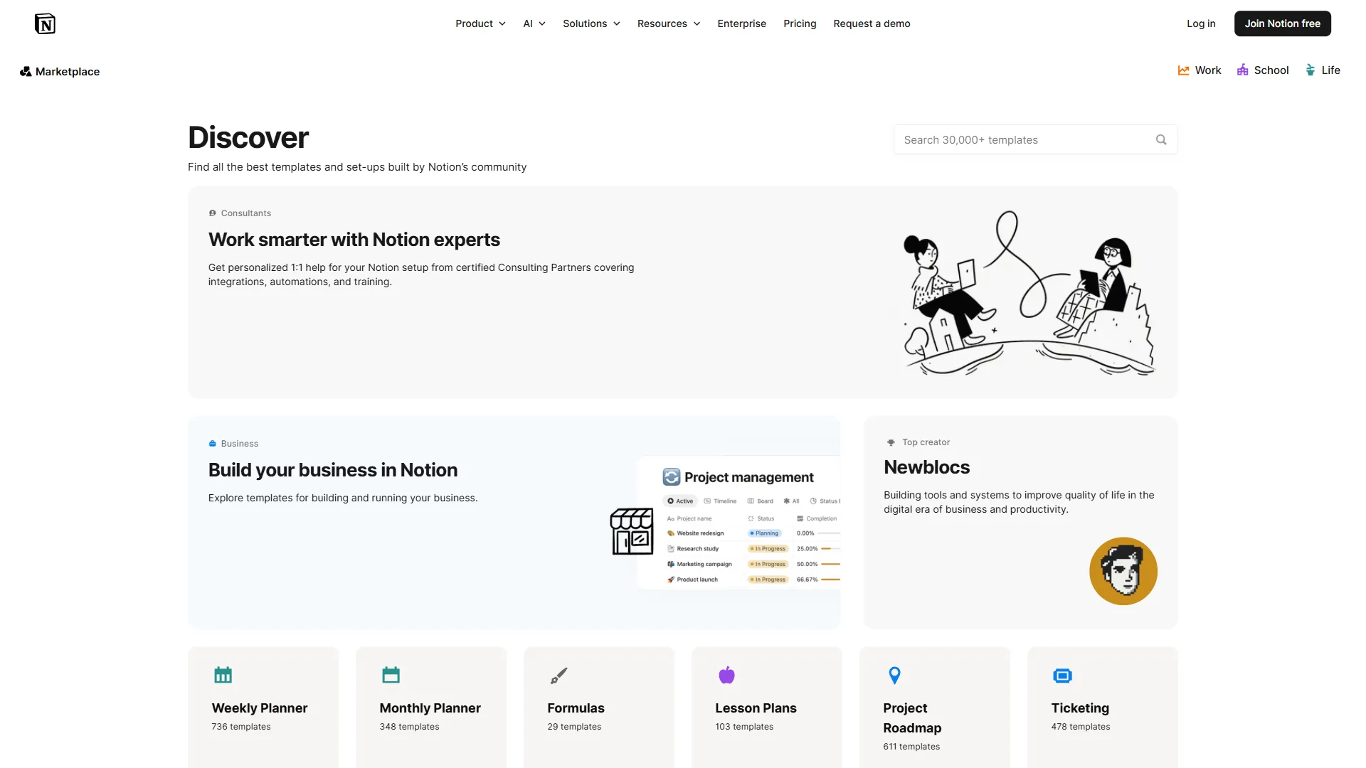 Notion template gallery with database templates for projects, CRM, and content