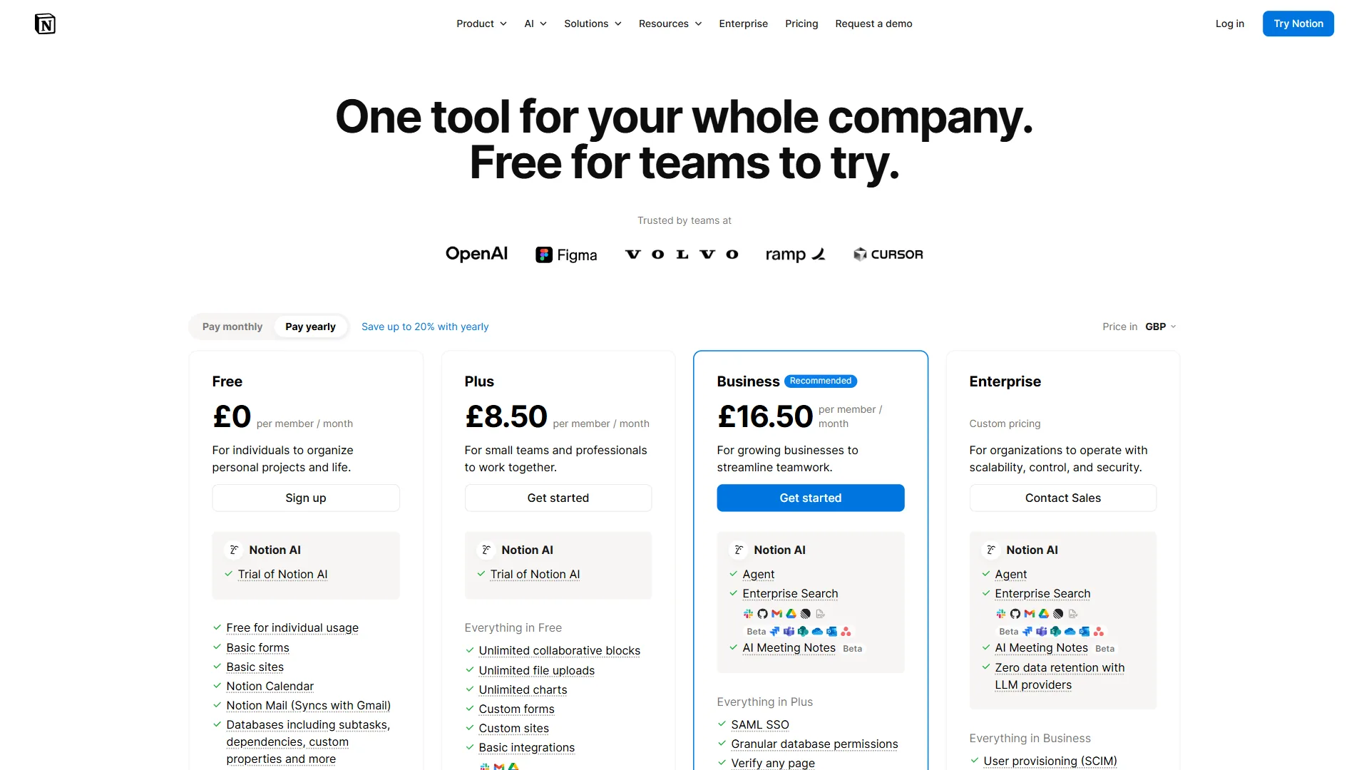 Notion pricing page showing Free, Plus, Business, and Enterprise plan options