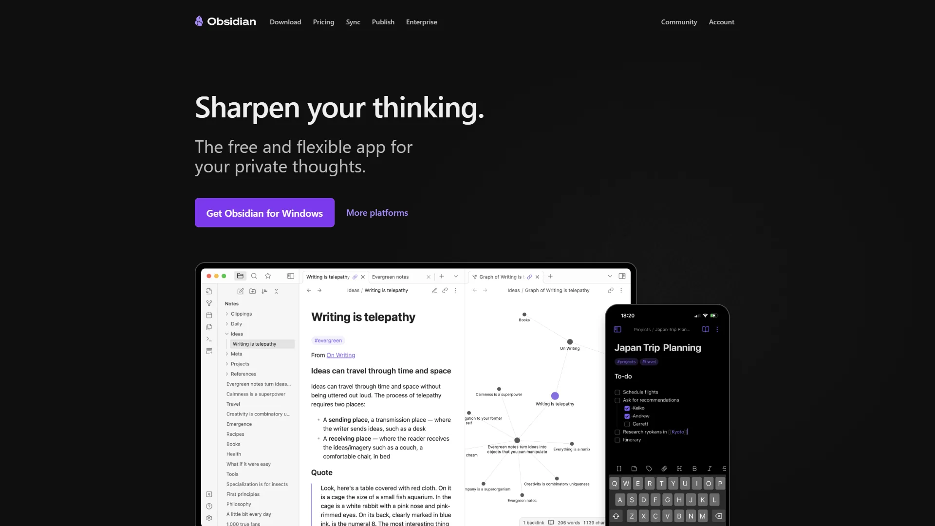 Obsidian homepage showing local-first knowledge management app with download options