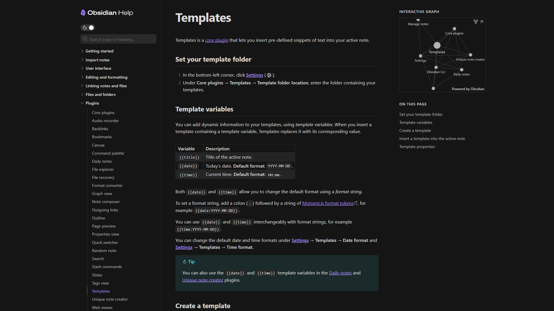 Obsidian Templates plugin documentation for creating reusable note structures