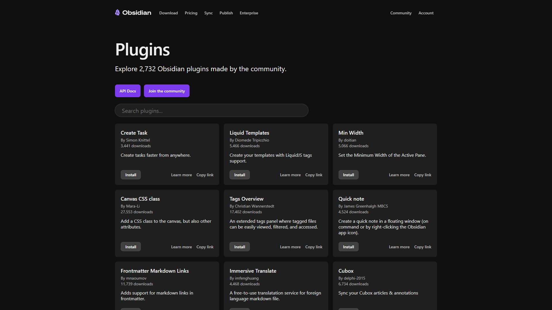 Obsidian community plugins page showing Templater, Dataview, and Calendar plugins