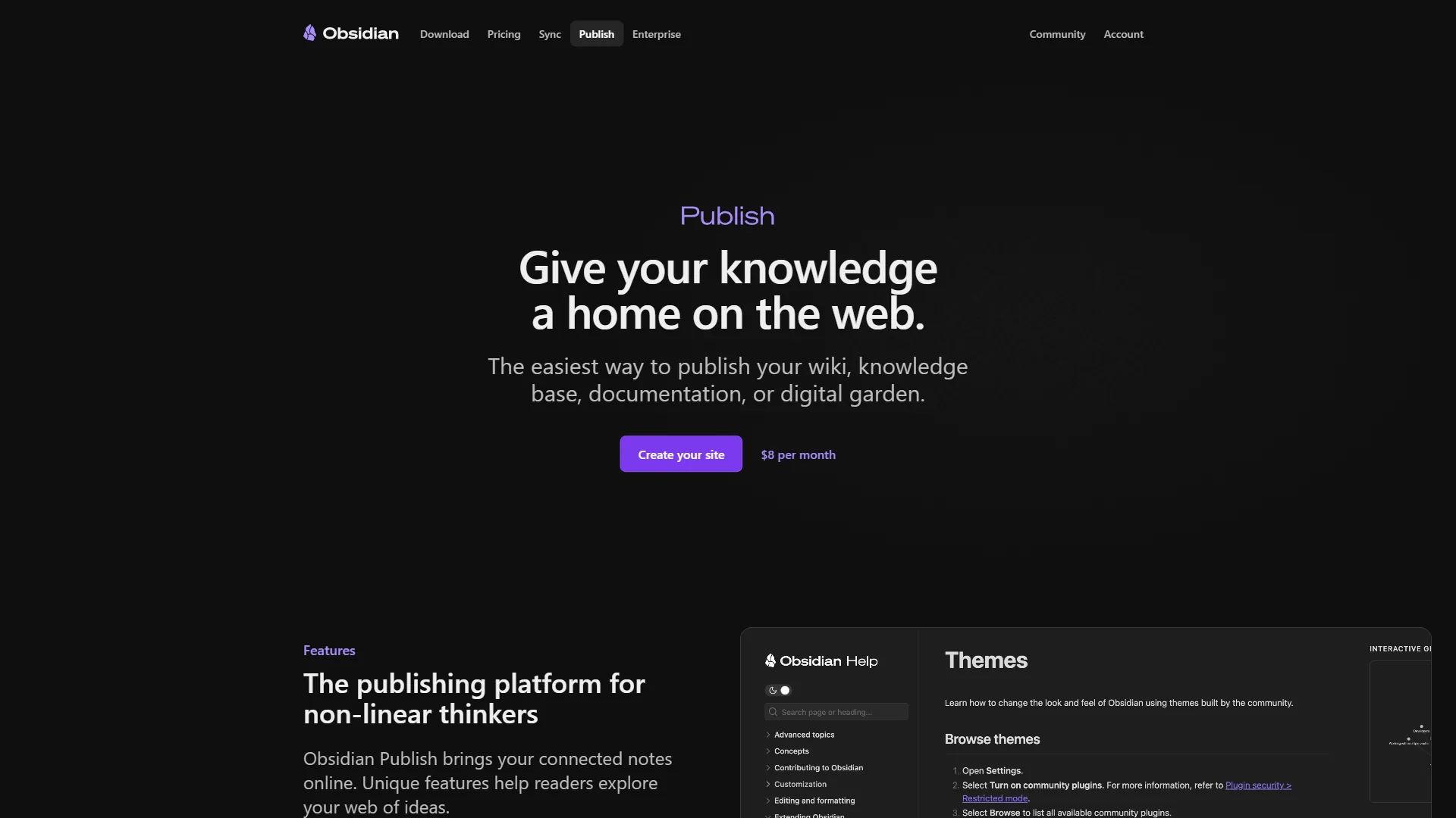Obsidian Publish documentation showing vault sharing and publishing features