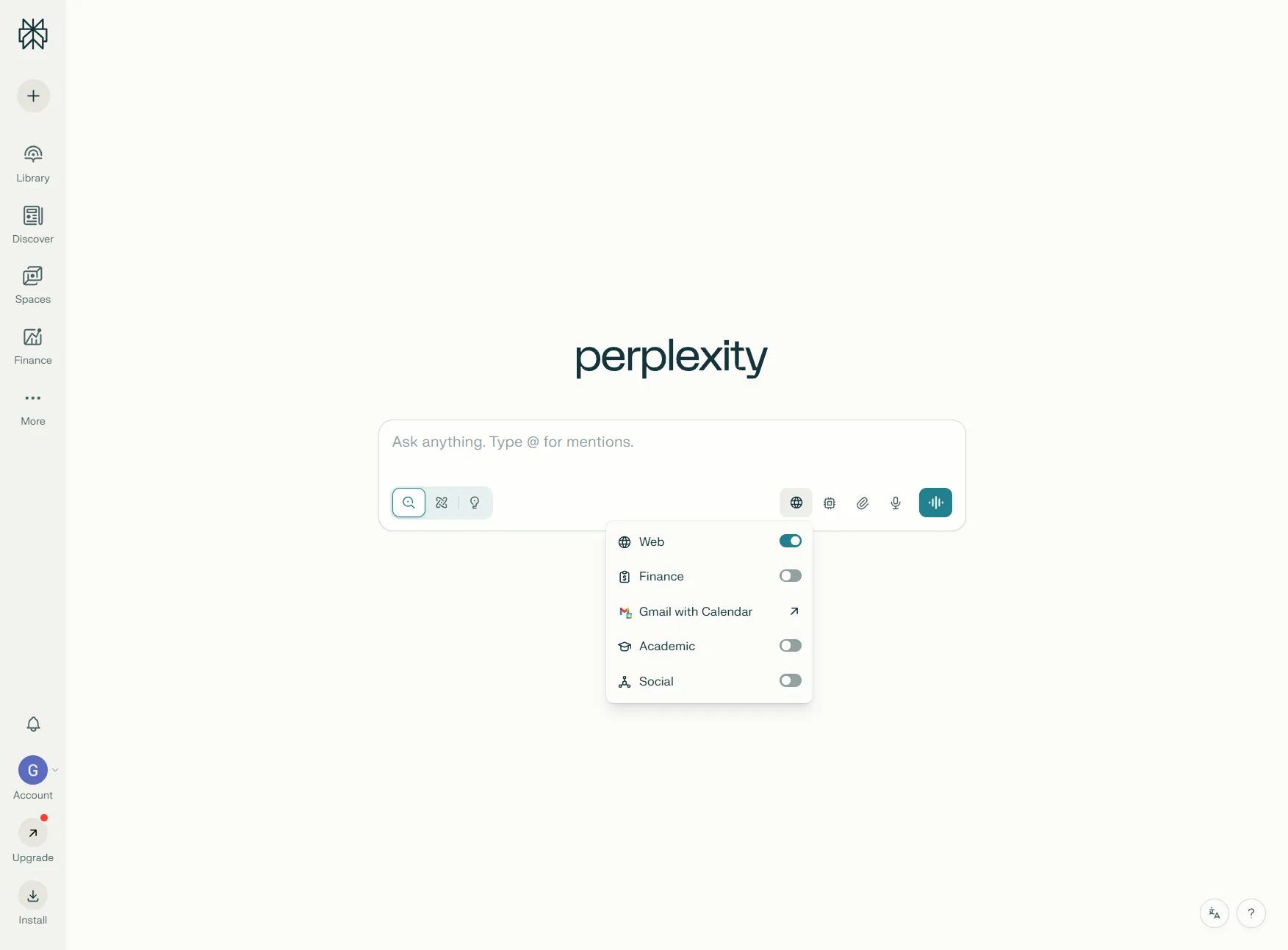 Perplexity Focus modes dropdown showing Web, Academic, Writing, Finance, Social, and YouTube options